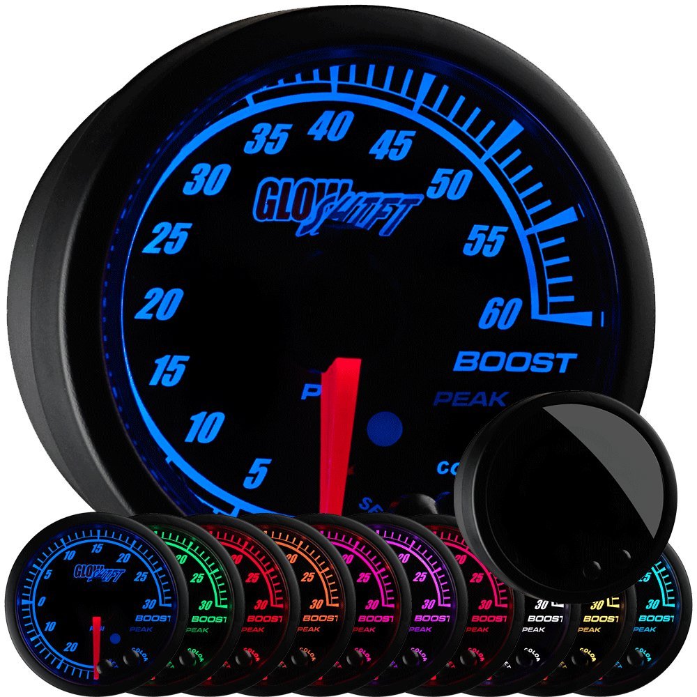 GlowShift Elite 10 Color 60 PSI Boost Gauge Kit with Electronic Pressure Sensor - Black Dial & Tinted Lens - Peak Recall Function - 2-1/16