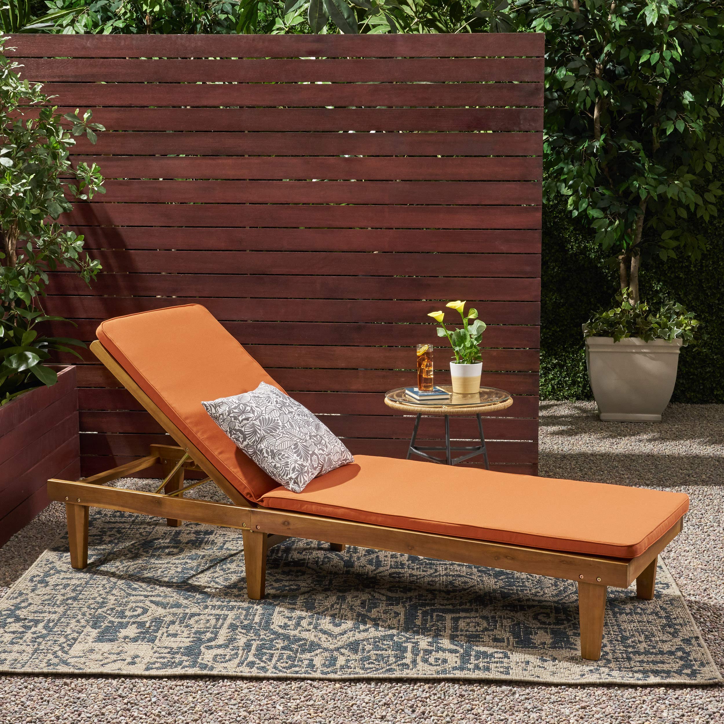 Premium Acacia Wood Outdoor Chaise Lounge with Rust Orange Cushion Set - Durable Patio Furniture for Poolside Relaxation & Garden Lounging