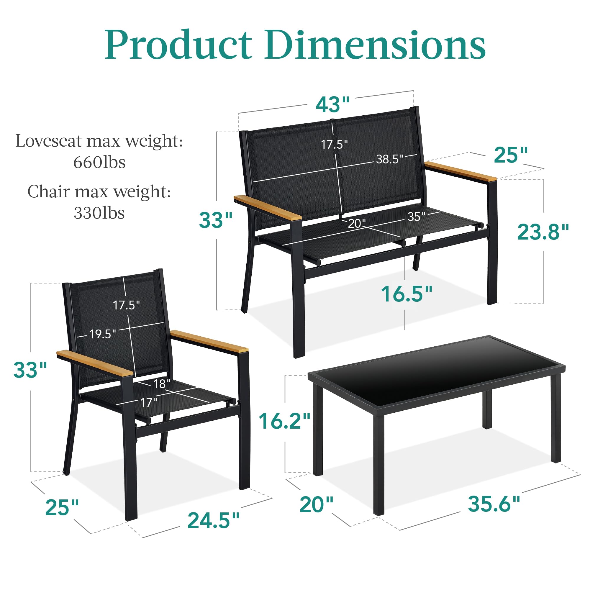 Best Choice Products 4-Piece Outdoor Textilene Patio Conversation Set with Loveseat & Coffee Table - Durable Steel Frame in Black - Perfect for Backyard, Garden, and Poolside Relaxation