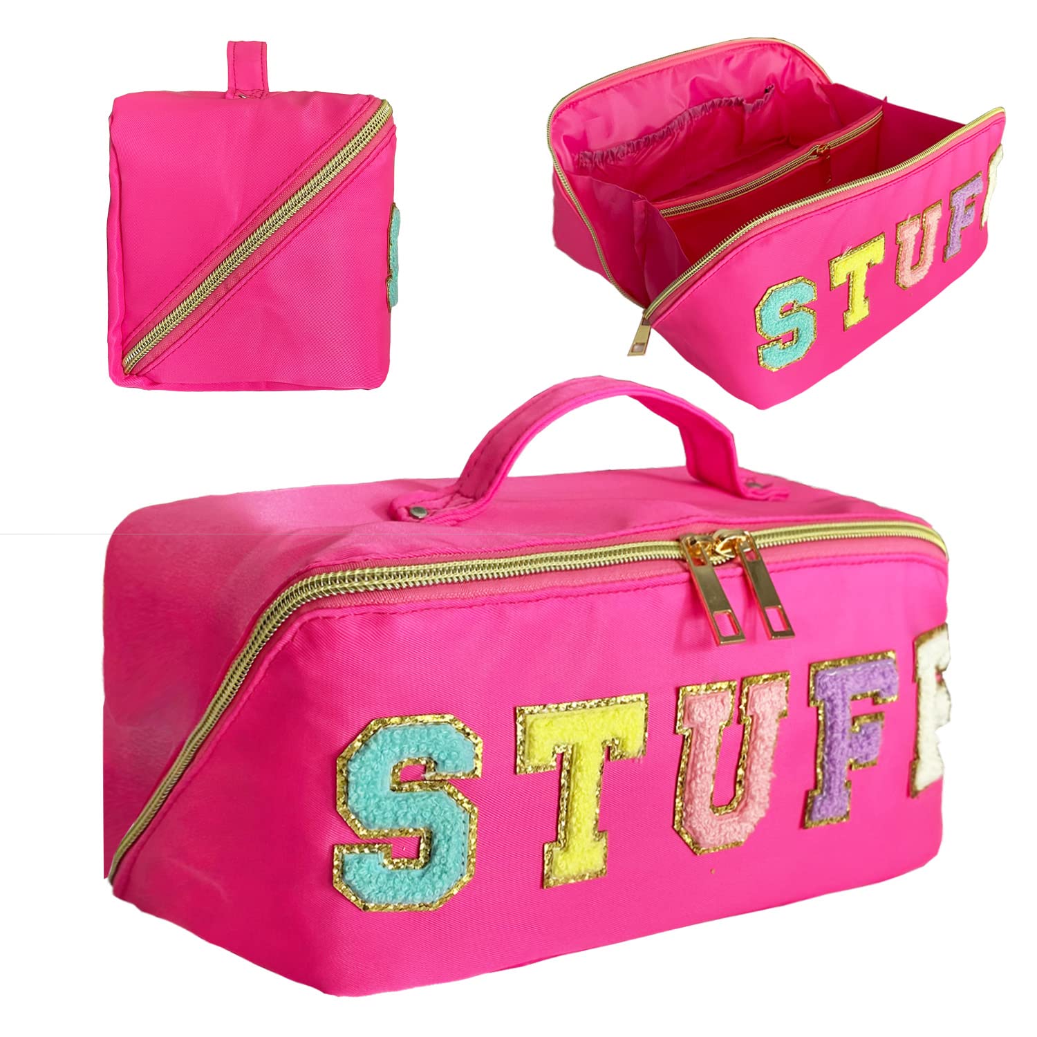 Stylish Preppy Nylon Makeup Bag with Chenille Letter - Rose Red Cosmetic Pouch for Travel & Organizing | Stoney Clover Inspired