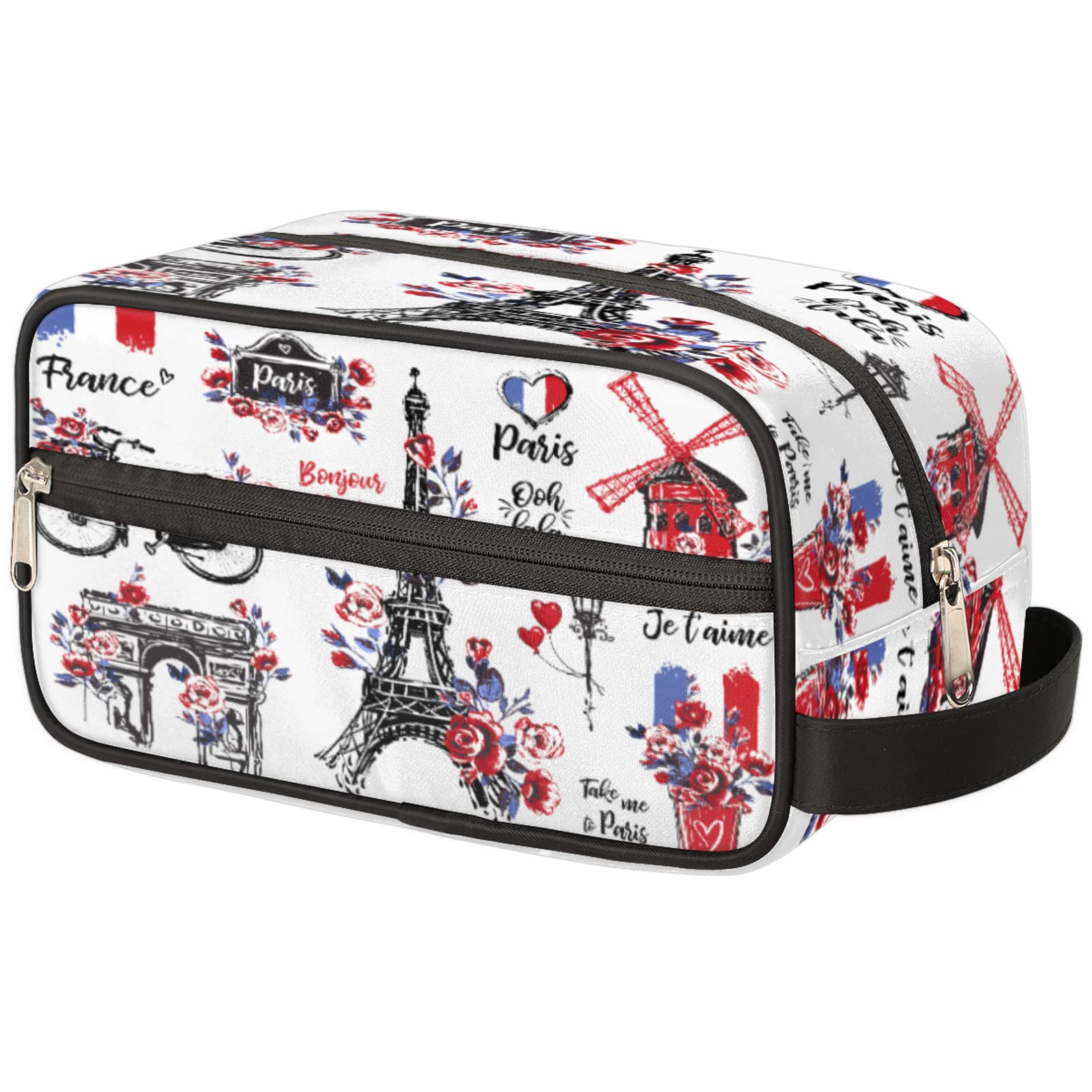 Waterproof Travel Makeup Bag with Handle - Paris Eiffel Tower & Windmill Design Cosmetic Organizer for Women & Girls | Perfect for Purse, Gym, Vacation & Daily Use