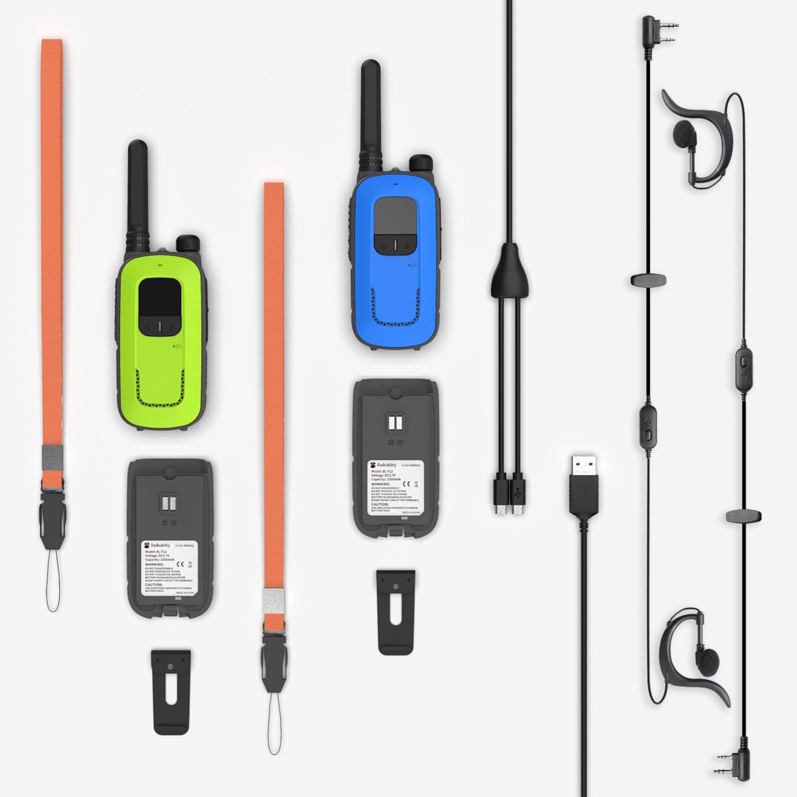Radioddity PR-T3 Rechargeable Walkie Talkies for Kids & Families - 16 Channels, VOX, Flashlight, LCD Screen, USB Charging (Blue/Green) - Perfect for Outdoor Adventures, Camping, Hiking & Family Activities