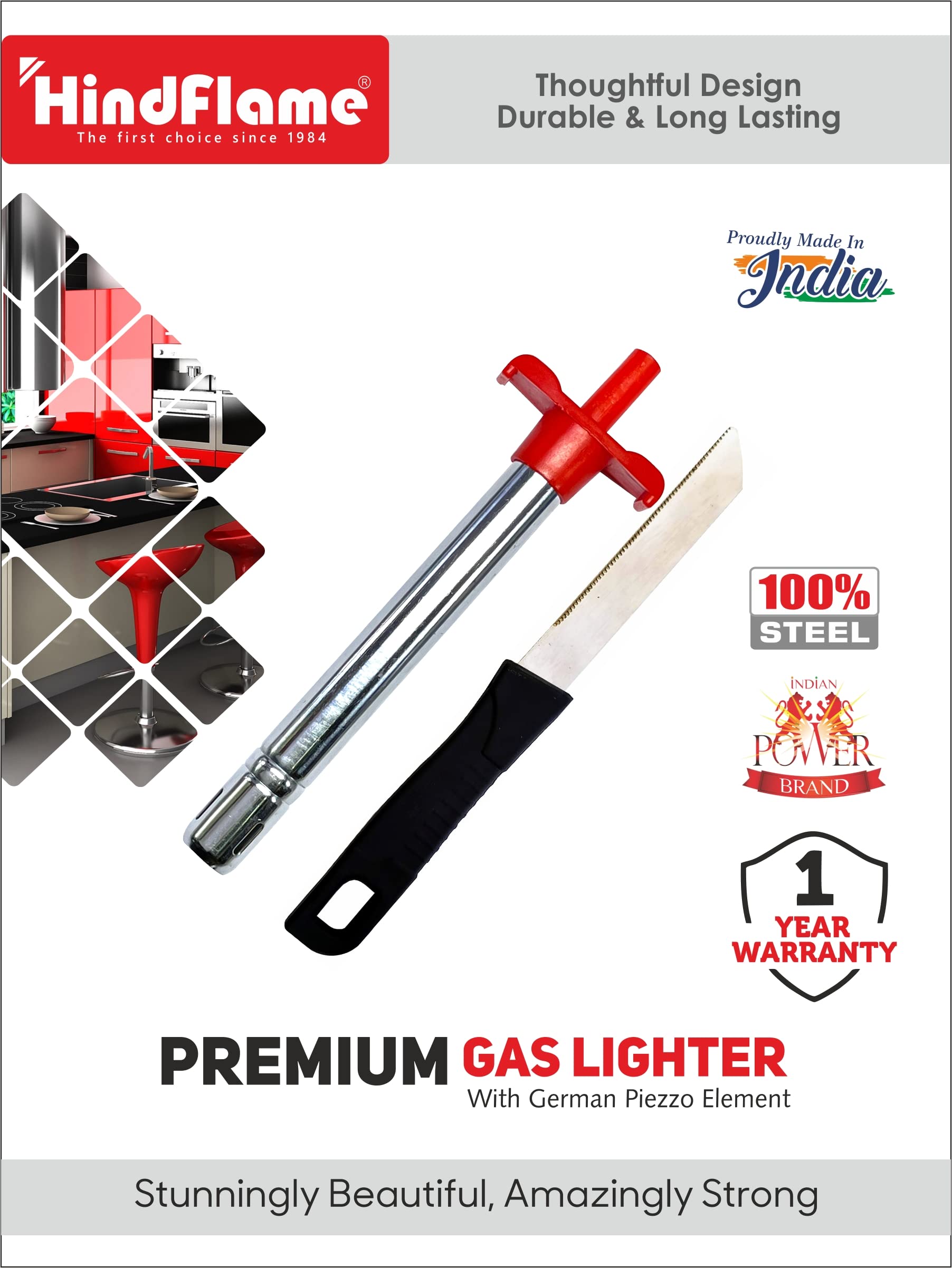 Premium Hindflame Kitchen Gas Lighter with Free Chef Knife - 2-Piece Set (Silver) | Perfect for Grilling, Camping & Home Cooking Accessories