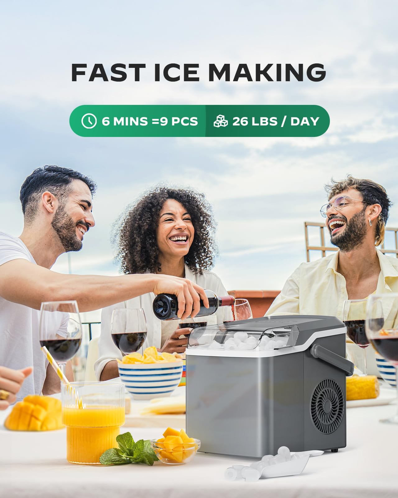 Silonn Countertop Ice Maker - 9 Cubes in 6 Minutes, 26lbs Daily Output, Self-Cleaning Portable Ice Machine with 2 Ice Size Options for Home, Kitchen, RV, Office & Outdoor Parties (Grey) - Perfect for Cocktails, Iced Coffee & Entertaining Guests
