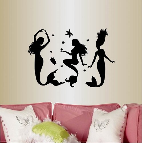 Removable Wall Vinyl Decal - 3 Mermaid & Starfish Ocean Themed Art Sticker for Bedroom, Bathroom & Living Room | Unique Sea Nymph Design Home Decor Mural (Style 738) | Perfect for Beach House, Kids Room & Coastal Interior Design