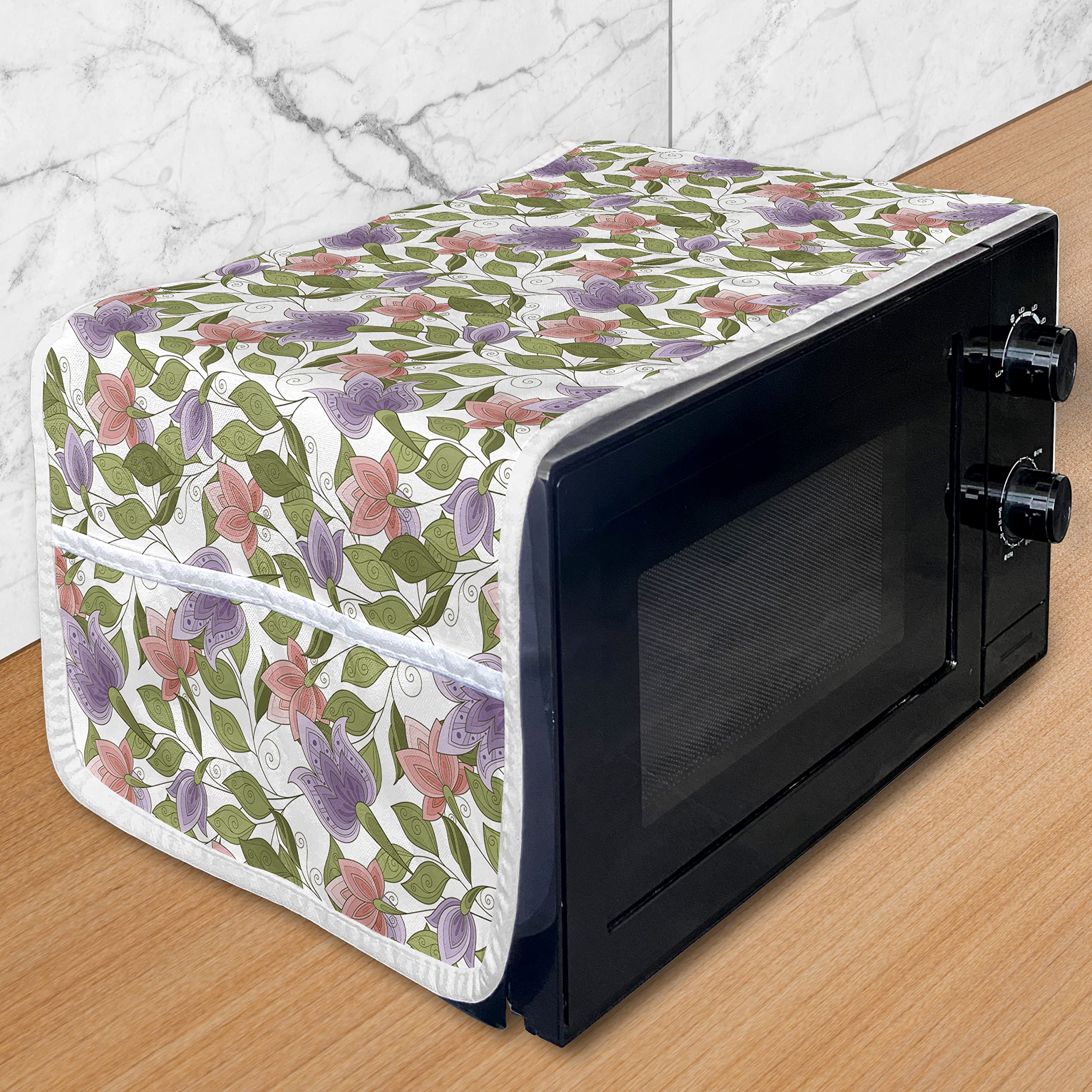 Ambesonne Floral Microwave Cover - Waterproof Kitchen Organizer with Pockets, 36