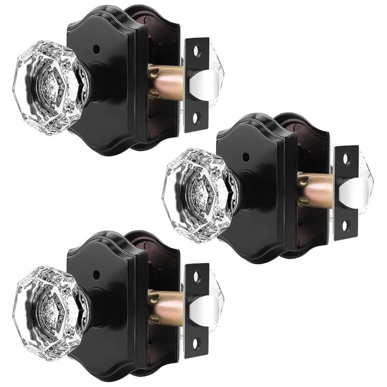 Vintage Black Octagonal Crystal Door Knobs 3-Pack - Heavy Duty Glass Privacy Door Handles with Pin Lock for Bedroom & Bathroom Interior Doors - Perfect for Home Renovation and Vintage Style Decor