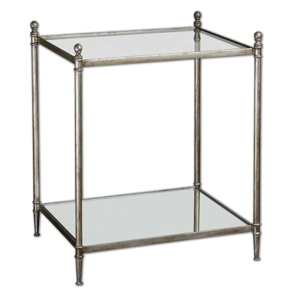 Antiqued Silver Leaf Iron End Table with Glass Top and Mirror Shelf - Vintage Style Nightstand for Living Room, Bedroom & Office Decor