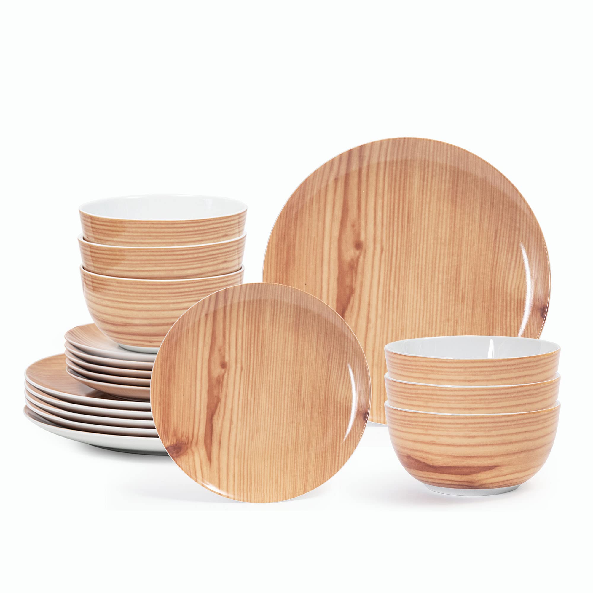 18-Piece Wooden Pattern Porcelain Dinnerware Set for 6 - Ceramic Plates & Bowls - Microwave & Dishwasher Safe - Elegant Table Setting for Family Dinners, Parties & Restaurant Use