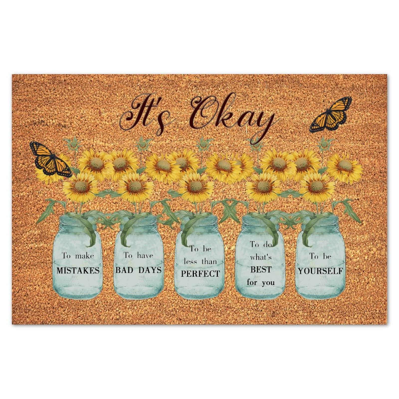 Rustic Coir Door Mat with Non-Slip Rubber Back - 24x36in Sunflower Design & Positive Motivational Quote 'It's Okay to Make Mistakes' - Perfect Entryway Welcome Mat for Home, Office, or Gift - Durable & Customizable