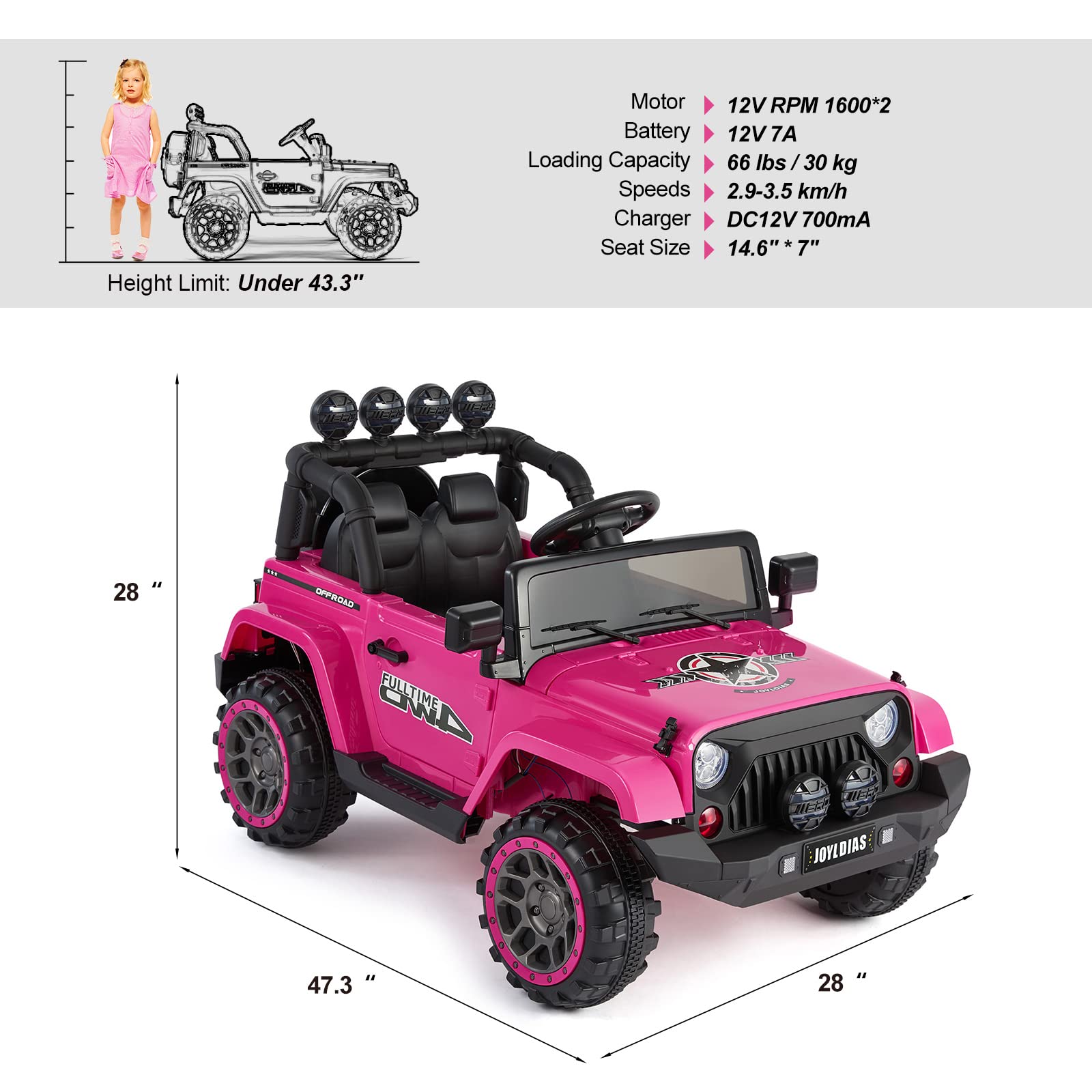 JOYLDIAS 12V Kids Electric Ride On Truck with Storage, Parental Remote Control, Bluetooth, MP3 Player & LED Lights - Pink Spring Suspension Toy Car for Boys & Girls | Outdoor Play, Birthday Gifts, Backyard Fun