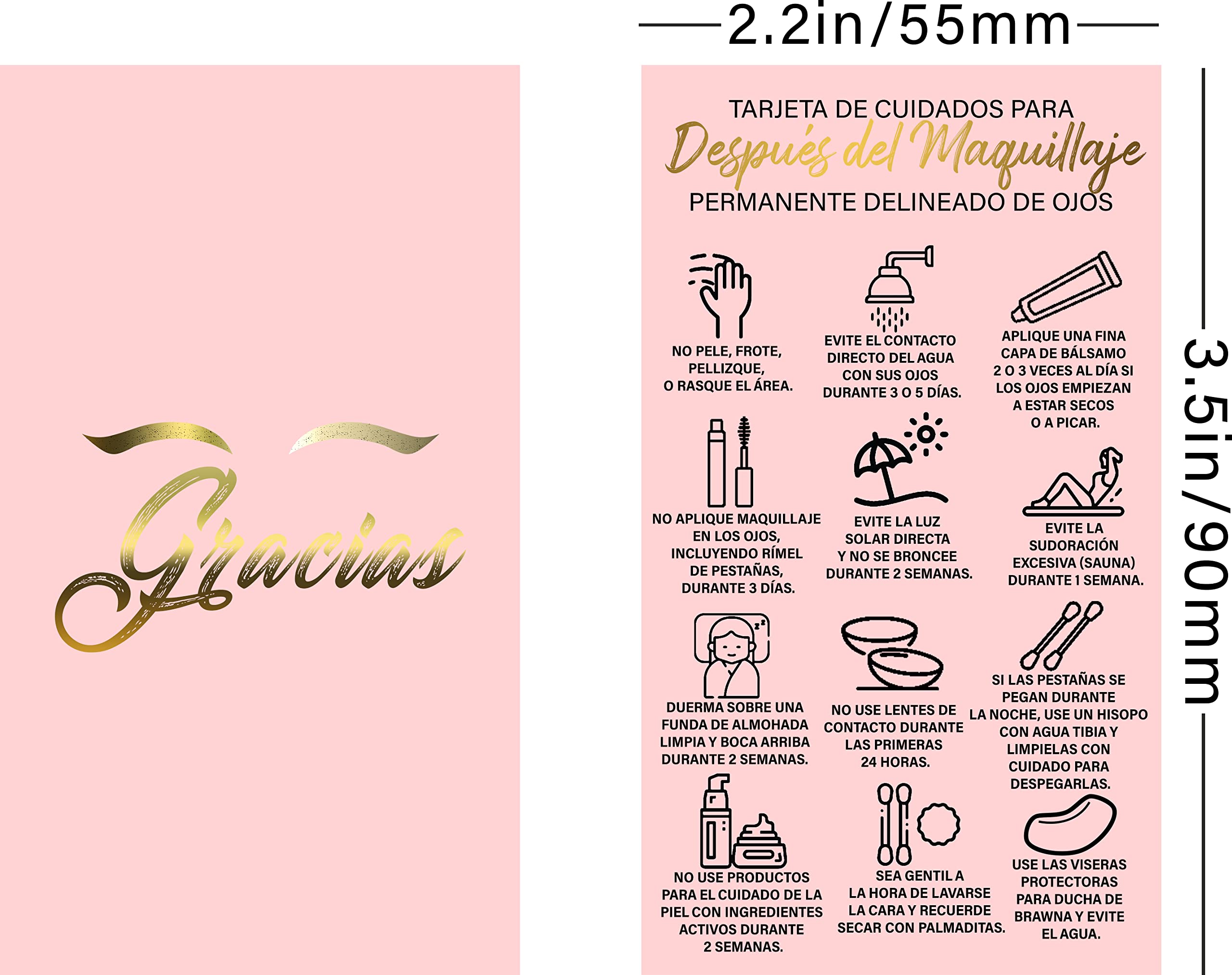 BRAWNA 50 Pack Permanent Makeup Aftercare Cards for Eyeliner & Microblading - Thank You Cards for PMU Clients - Spanish/English Bilingual - Pink PMU Supplies Kit - Perfect for Tattoo Artists & Beauty Salons