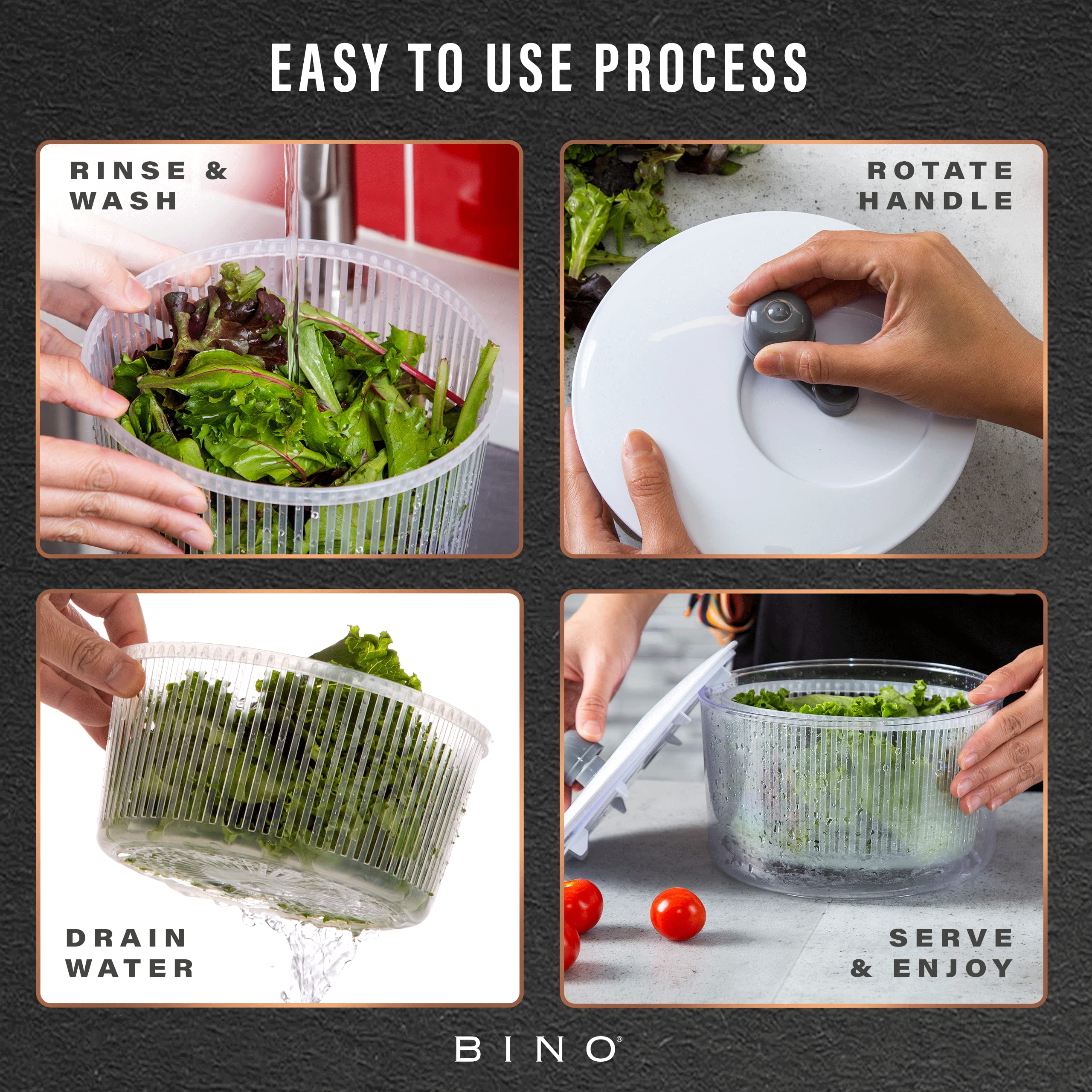 BINO 2.75 Qt Manual Salad Spinner - Lettuce Dryer with Serving Bowl, Fruit & Vegetable Basket, Pasta & Herb Strainer - Perfect for Fresh Salads, Meal Prep & Healthy Cooking | Kitchen Gadgets for Home Chefs