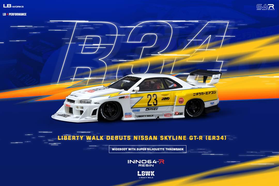INNO Models 1:64 Scale Nissan Skyline ER34 Super Silhouette Liberty Walk Hoshino Retro Livery Diecast Car - Collectible Model for Display, Racing Enthusiasts & Japanese Car Fans