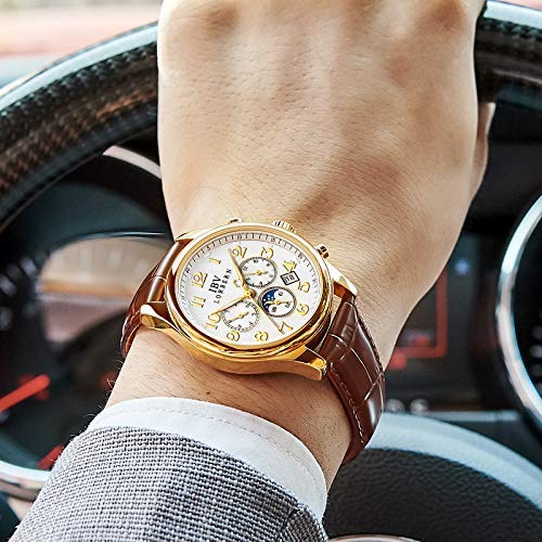 MASTOP Swiss Automatic Men's Watch - Self-Winding Stainless Steel Case with Genuine Brown Leather Band - Luxury Dress Watch for Business, Formal Events & Everyday Wear