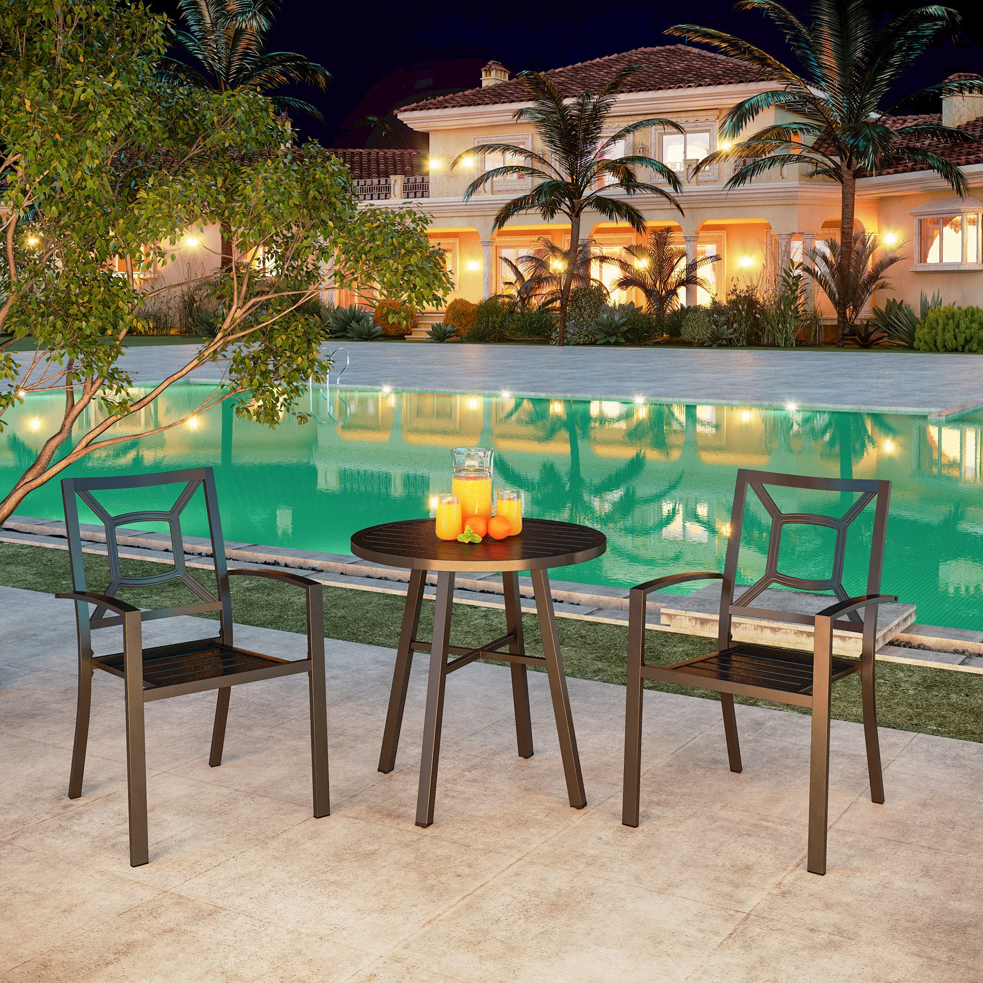 PHI VILLA 3-Piece Outdoor Bistro Set for 2 - Metal Round Coffee Table & Stackable Steel Chairs - Small Patio Dining Set for Garden, Balcony, Backyard - Perfect for Morning Coffee & Outdoor Entertaining
