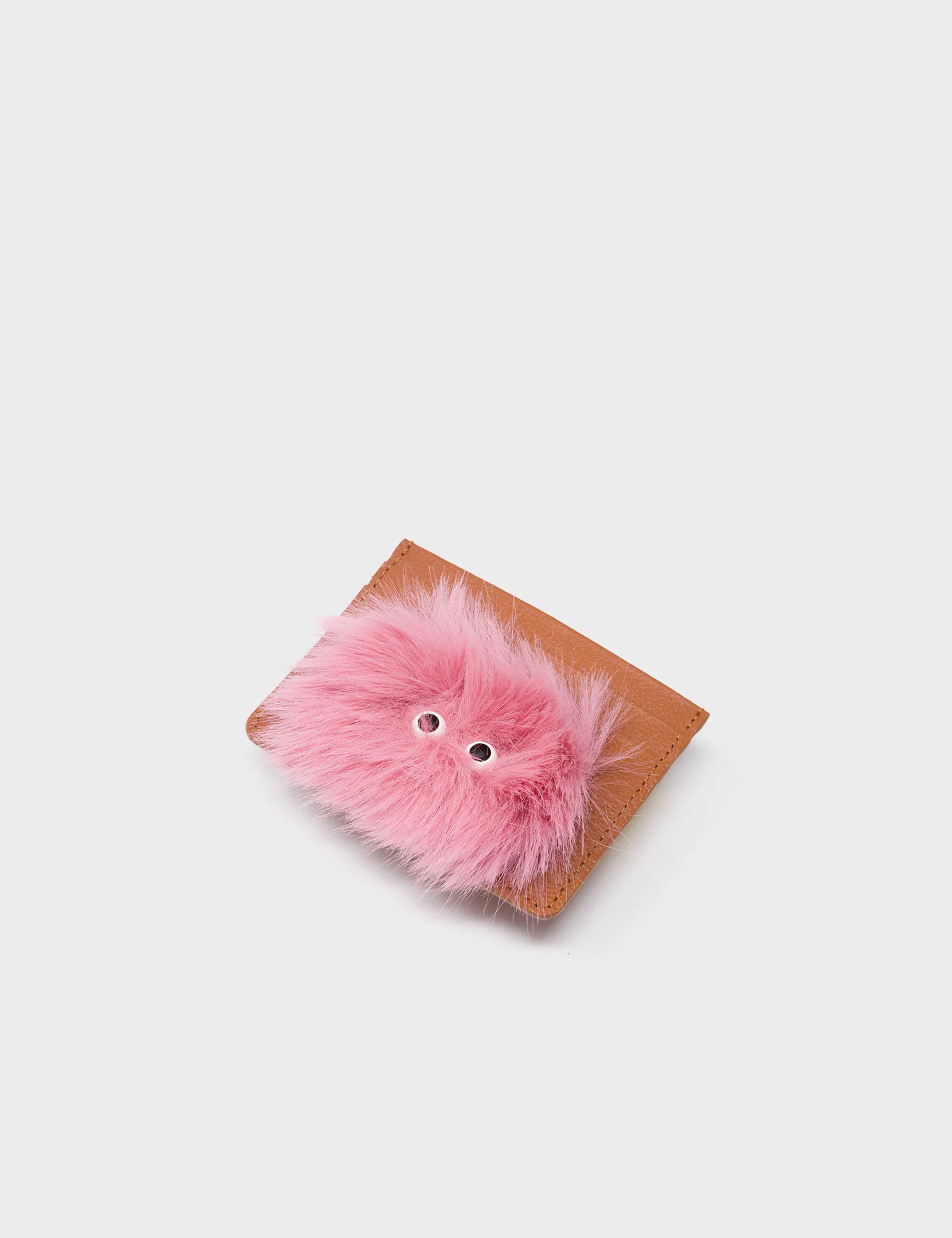 Filium Caramel Leather Cardholder with Fuzzy Monster Applique - Stylish RFID Blocking Wallet for Men & Women - Perfect for Everyday Use, Travel, and Gift Giving