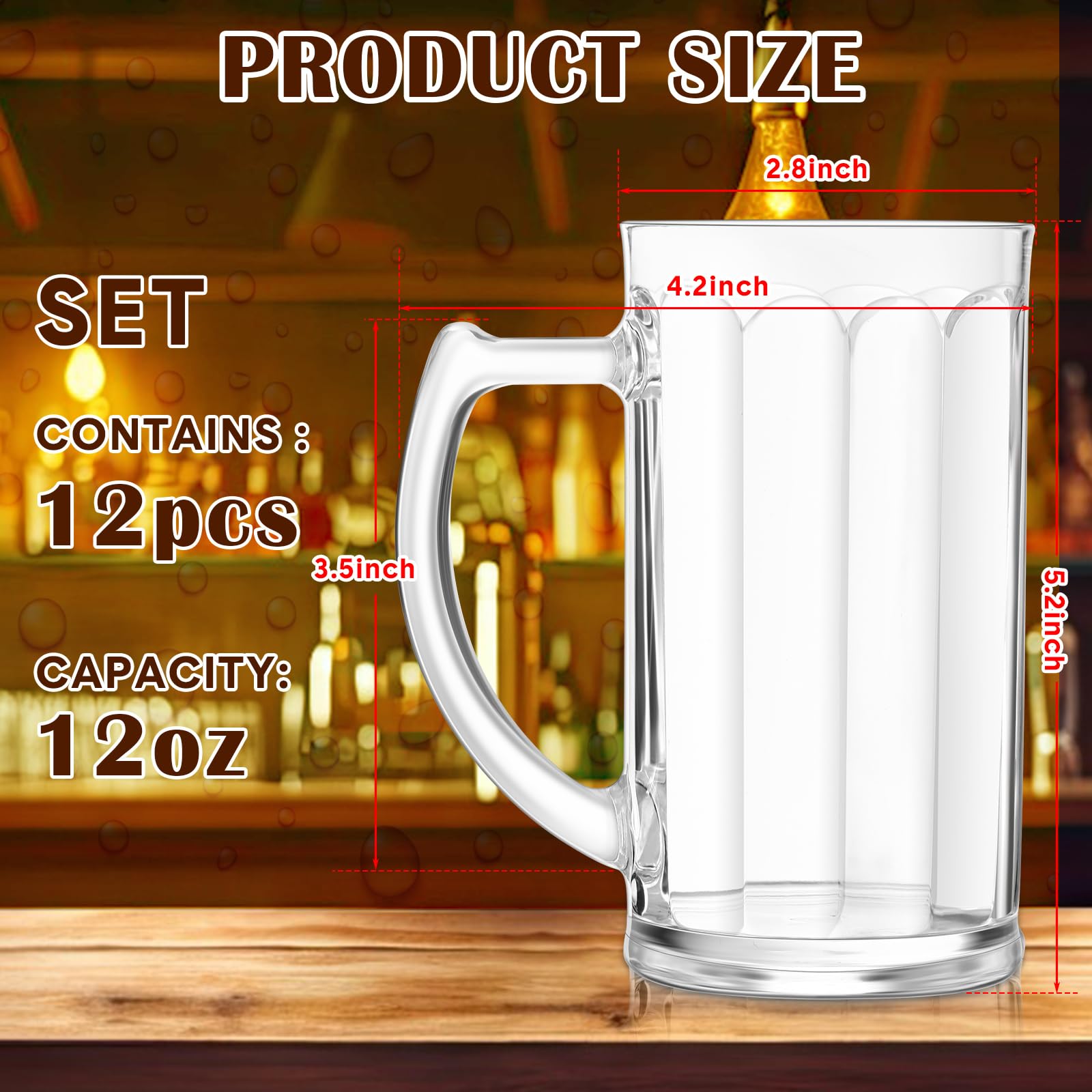 Domensi 12-Pack 12 oz Clear Plastic Beer Mugs with Handles - Reusable, Shatterproof, Dishwasher Safe Drinking Glasses for Beer, Whiskey, Juice, Coffee, Tea & Cocktails - Perfect for Parties, BBQs, Bars, and Outdoor Events
