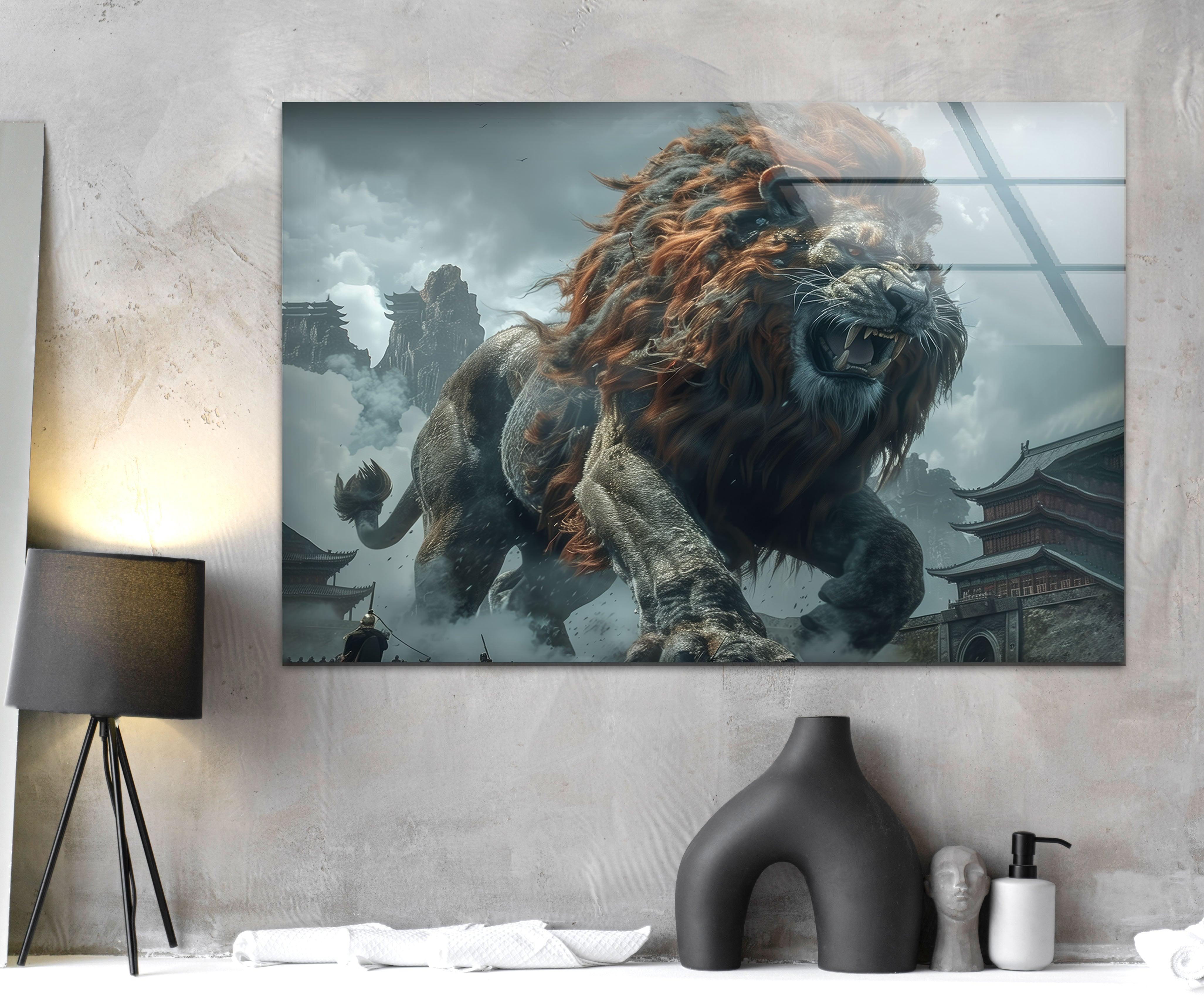Chinese Lion Glass Wall Art - Handcrafted Feng Shui Decor for Home & Office - Perfect for Living Room, Bedroom, or Entryway Display