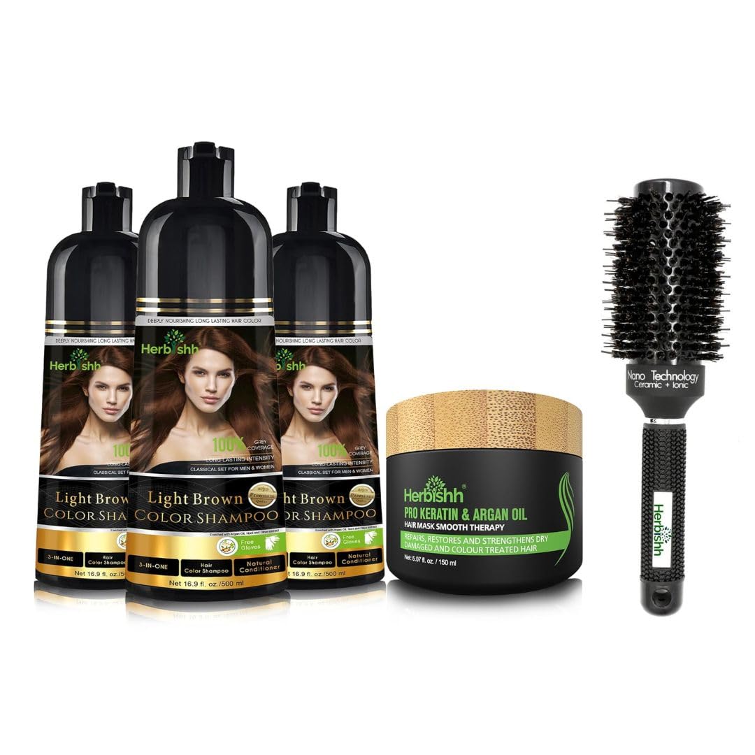 Herbishh Light Brown Hair Color Shampoo Set - 3 Pack with Nourishing Hair Mask & Styling Brush | At-Home Hair Coloring & Conditioning for Natural-Looking Results