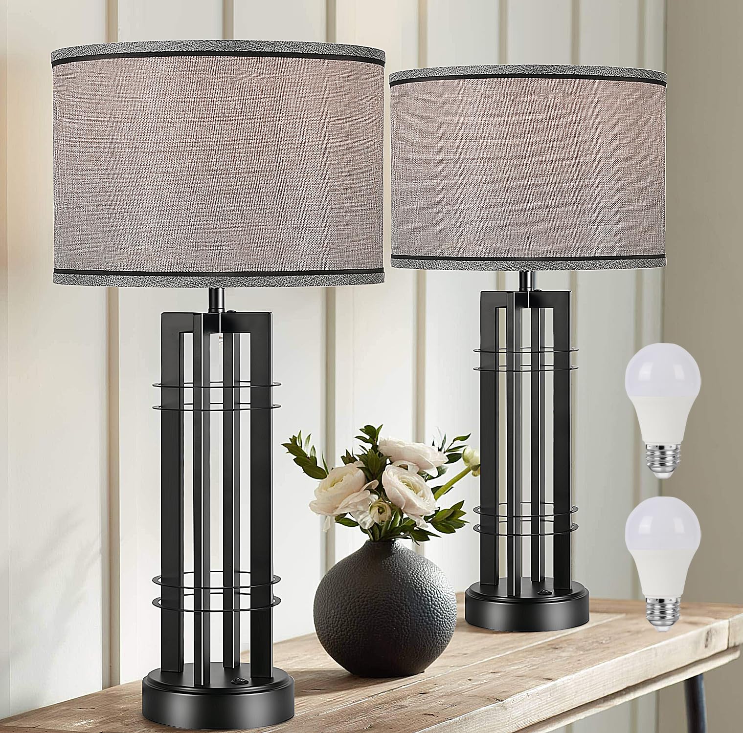 27in Tall Farmhouse Rustic Table Lamps Set of 2 - Button Control Side Table Lamps in Black & Grey for Living Room, Bedroom, Nightstand & End Table - Perfect for Cozy Home Decor & Ambient Lighting (2025 New)