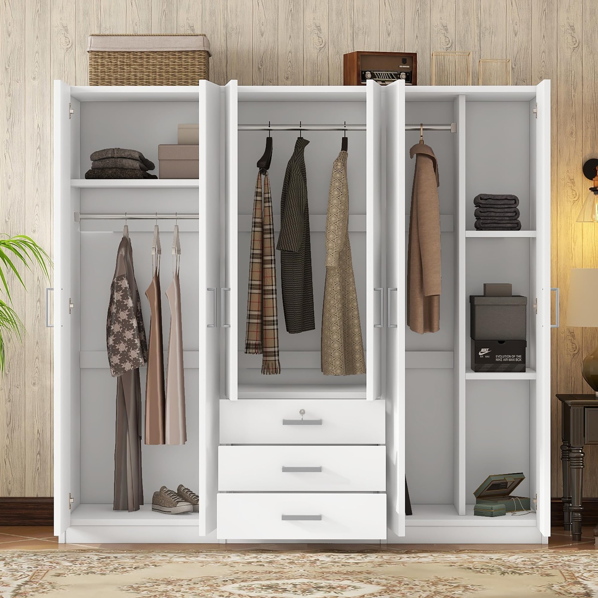 Large 6-Door Wooden Wardrobe Closet - 70.9