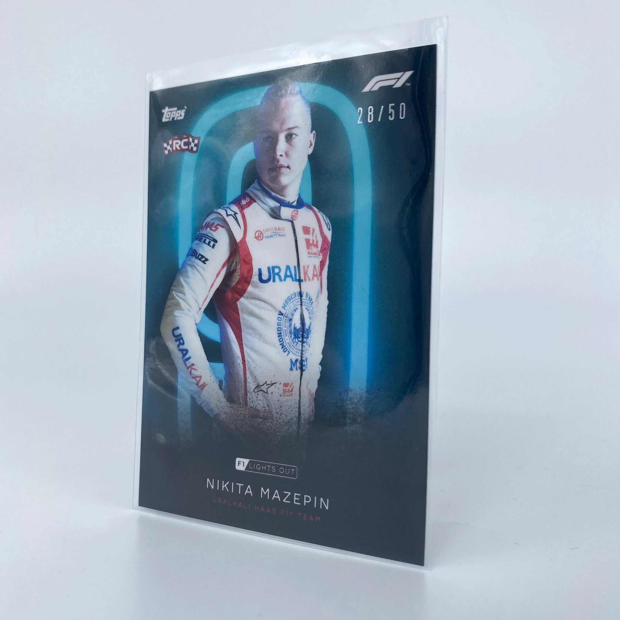 Nikita Mazepin 28/50 Aqua Parallel F1 Racing Driver Card - Collectible Memorabilia for Fans & Sports Enthusiasts