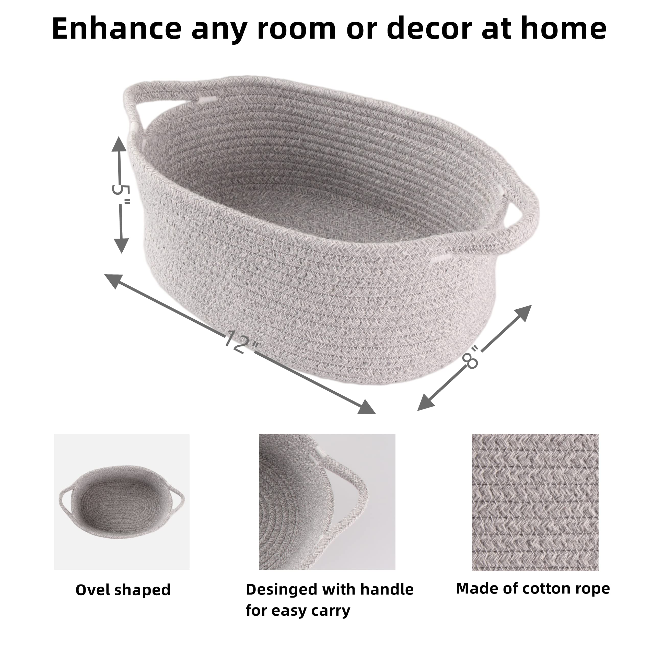Small Woven Cotton Rope Storage Basket with Handle - Cute Oval Baby Nursery Organizer, Pet Toy Bin, Easter Gift Basket for Kids Room, Home Decor (Grey) - Perfect for Organizing Toys, Blankets, and Household Items
