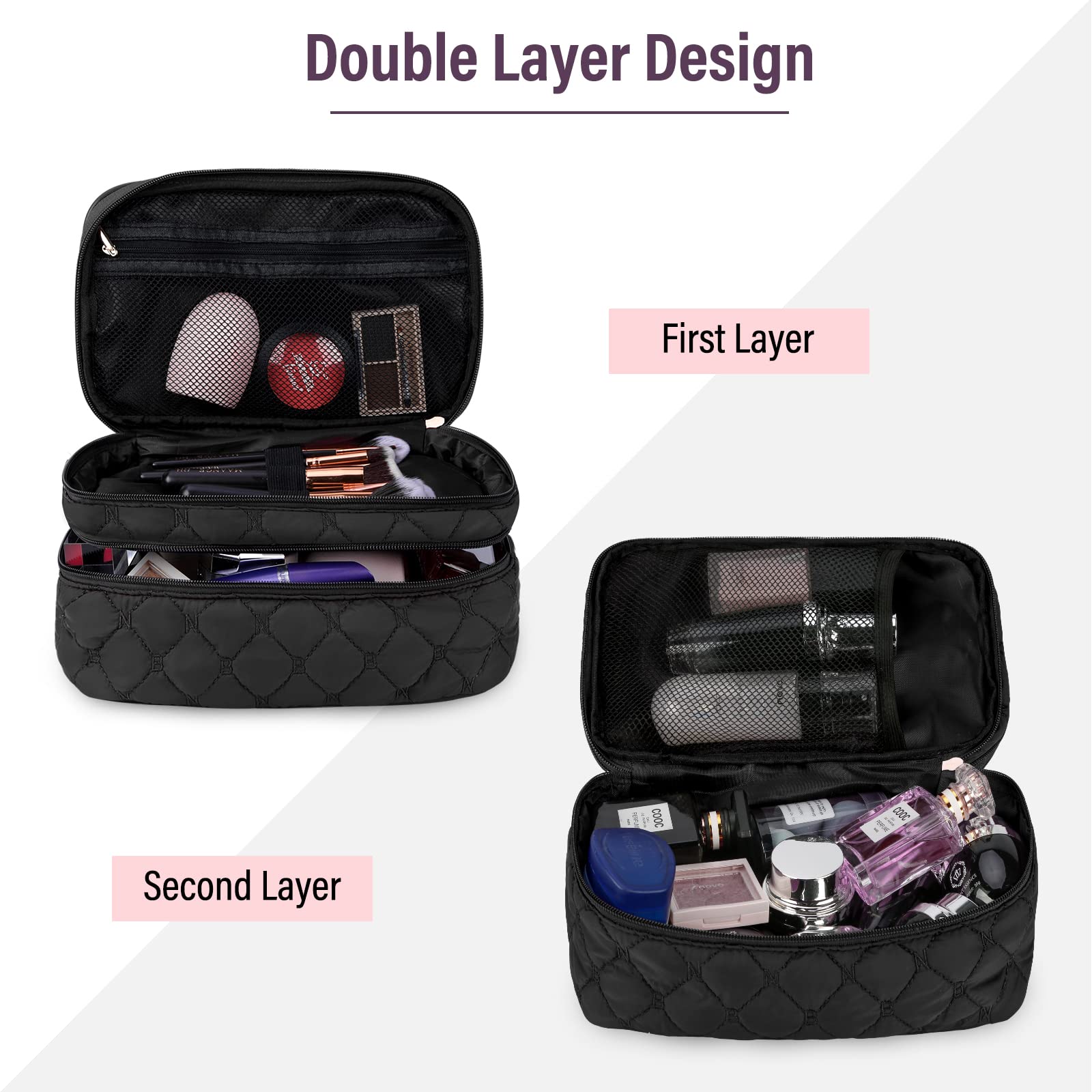 NUBILY Large Waterproof Makeup Bag for Women - Double Layer Cosmetic Organizer, Portable Toiletry Bag, Travel Vanity Case (Black) - Perfect for Travel, Gym, and Daily Makeup Storage