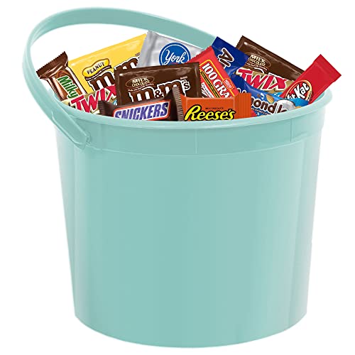 Blue Plastic Easter Candy Bucket with 3lbs Individually Wrapped Chocolate Snacks - Easter Basket Decor with Assorted Candy Treats for Kids, Friends & Family - Perfect for Easter Egg Hunts, Party Favors and Holiday Gift Giving