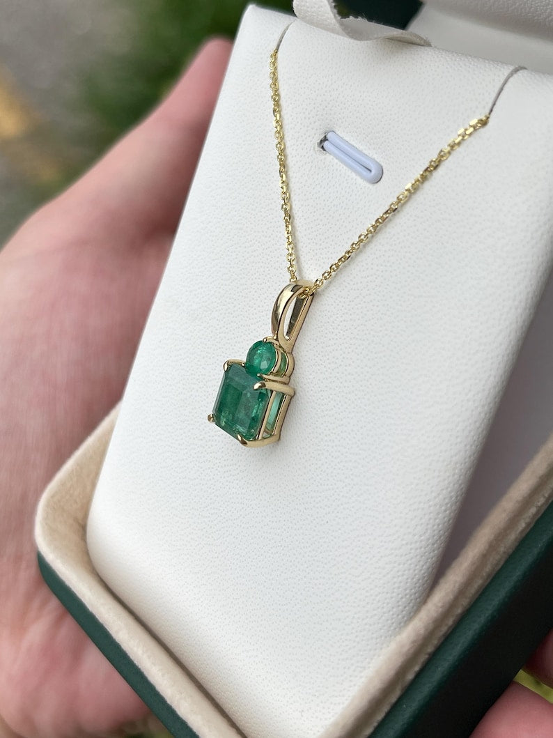 4.46tcw Zambian Emerald Toi et Moi Necklace - 14K Gold Asscher & Round Cut Pendant for Women - Elegant Bridal Jewelry, Anniversary Gift, Valentine's Day Present