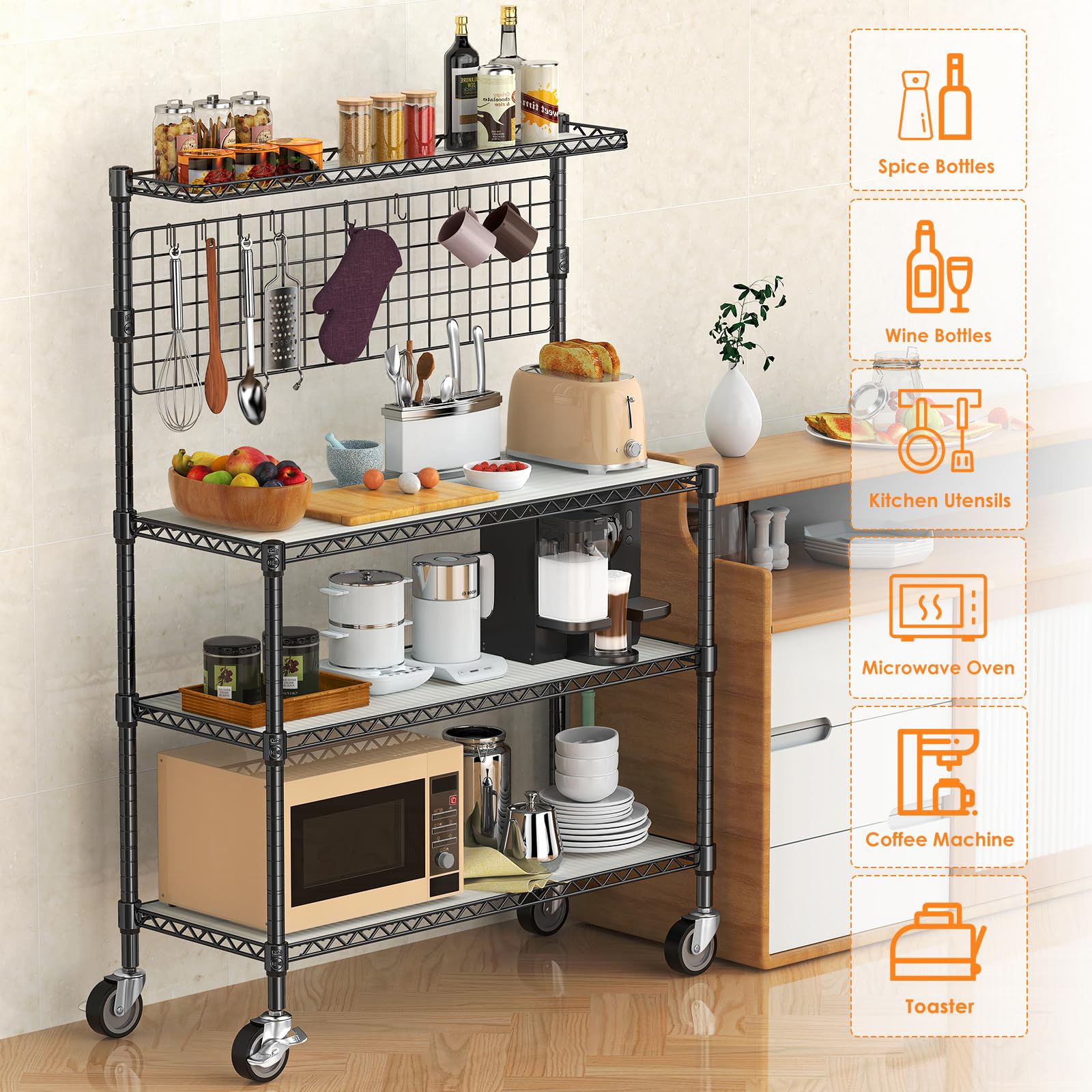 42 Inch Heavy Duty Bakers Rack with Storage & Wheels - 4-Tier Metal Kitchen Shelves, Microwave Stand & Utility Cart with 20 S-Hooks (42×18×63 Inch, Black) - Perfect for Commercial Kitchens, Bakeries, Restaurants & Home Cooking Spaces