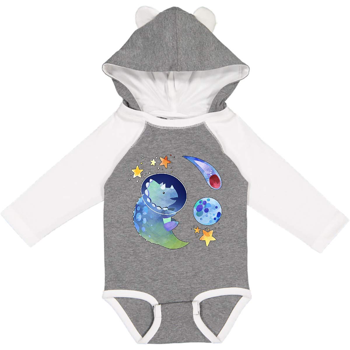 Inktastic Triceratops in Space with Planets and Stars Long Sleeve Baby Bodysuit - Cute Dinosaur Onesie for Boys & Girls, Astronaut Theme Outfit for Infants, Toddler Sleepwear & Playtime Costume