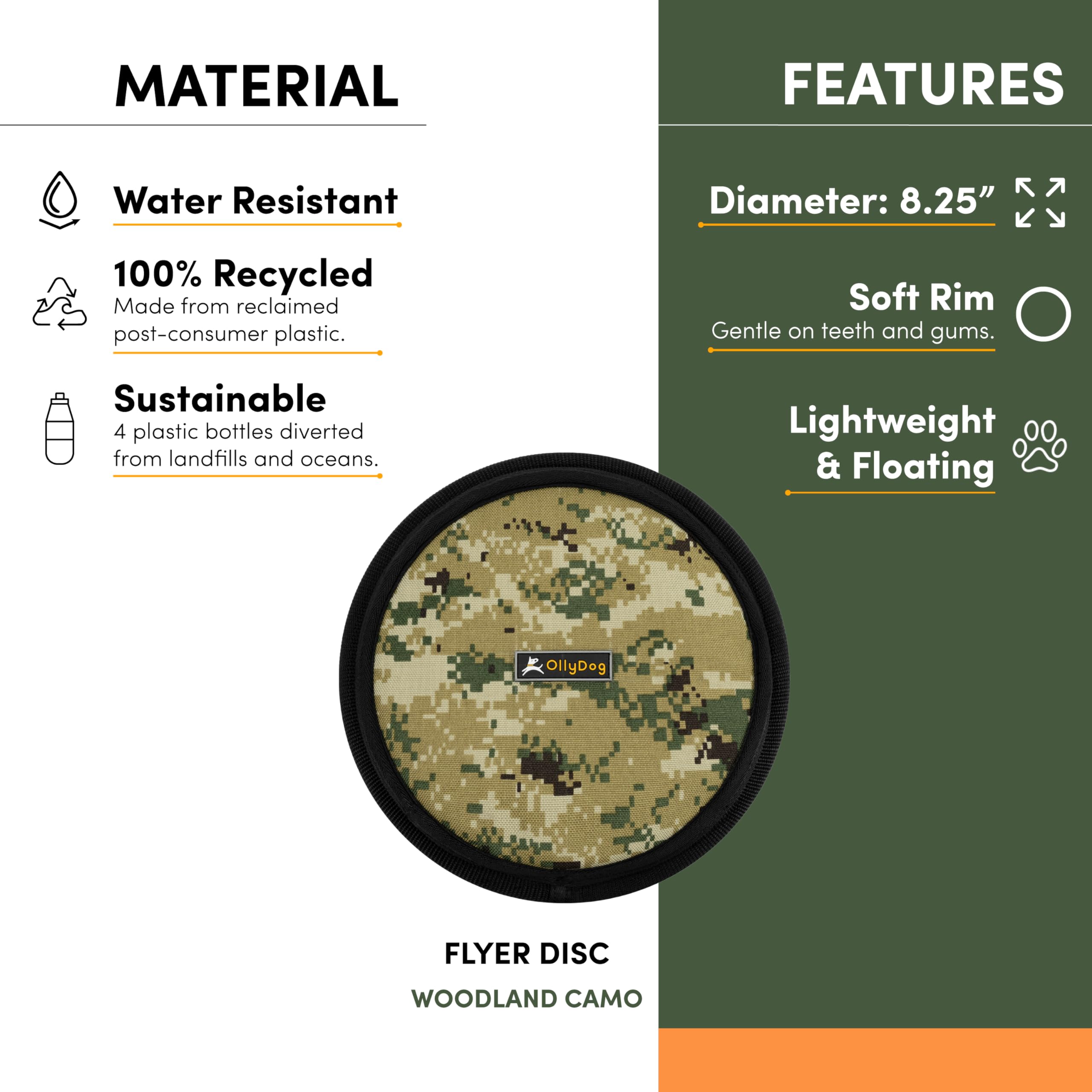 OllyDog Flyer Disc - Soft & Durable Eco-Friendly Dog Frisbee for Outdoor Play | Gentle on Teeth, Floats in Water | Perfect for Beach, Park & Backyard Fetch Games | Recycled Material Woodland Camo Design