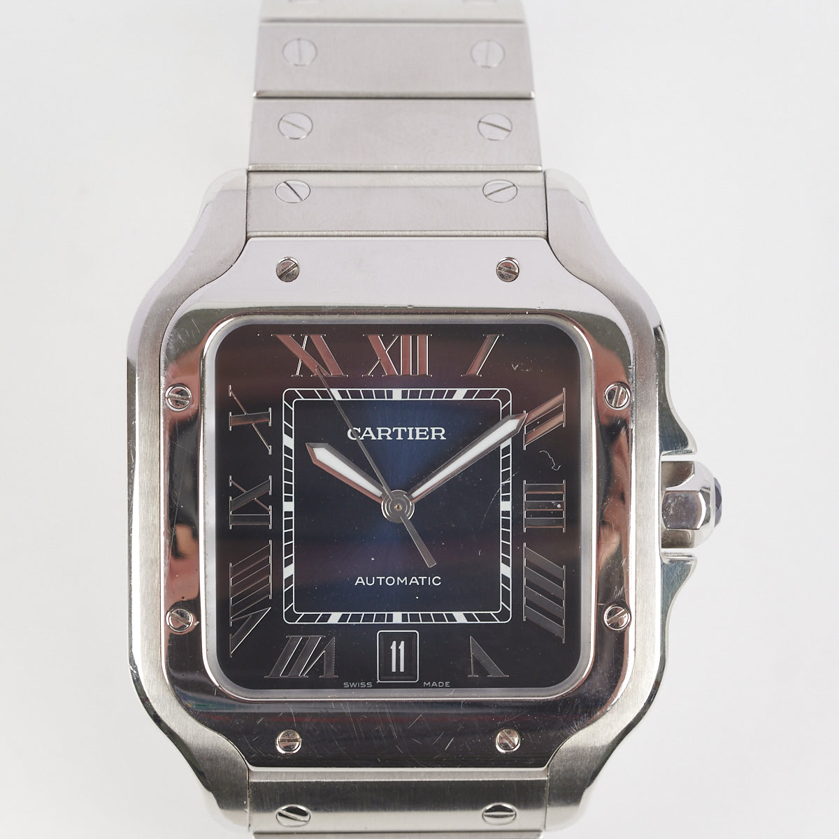 Cartier Santos Watch for Men - Luxury Stainless Steel Dark Navy Dial Automatic Watch - Perfect for Business, Formal Events & Gifting