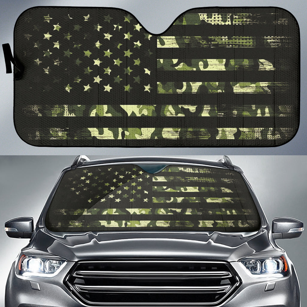 Army Green Camouflage American Flag Car Sun Shade - UV Protection Window Shade for Trucks, SUVs & Vehicles | Perfect for Road Trips & Outdoor Adventures