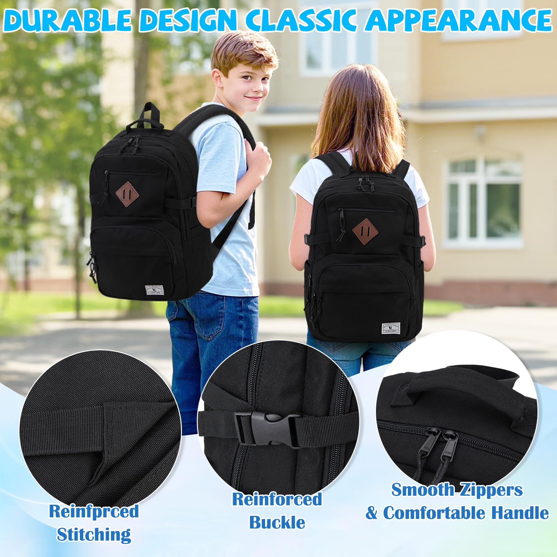 VX VONXURY Water Resistant School Backpack for Teens - Classic Travel Bookbag for Boys & Girls (Black) | Durable Backpack for High School, College & Daily Commute