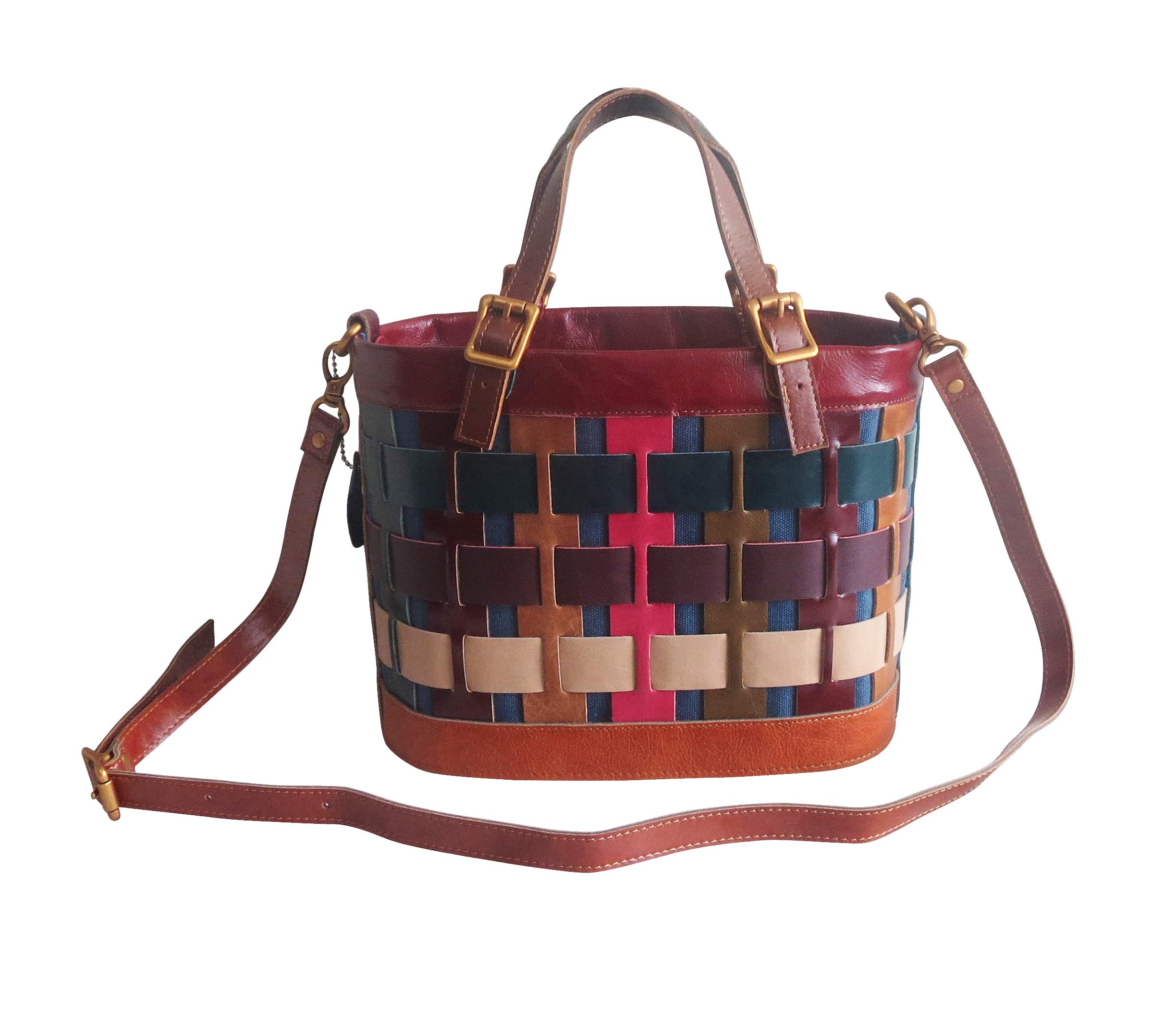 Dorgon Genuine Leather Rainbow Color Woven Basket Handbag for Women - Stylish Crossbody Purse for Shopping, Beach, and Everyday Use (#1280-9)