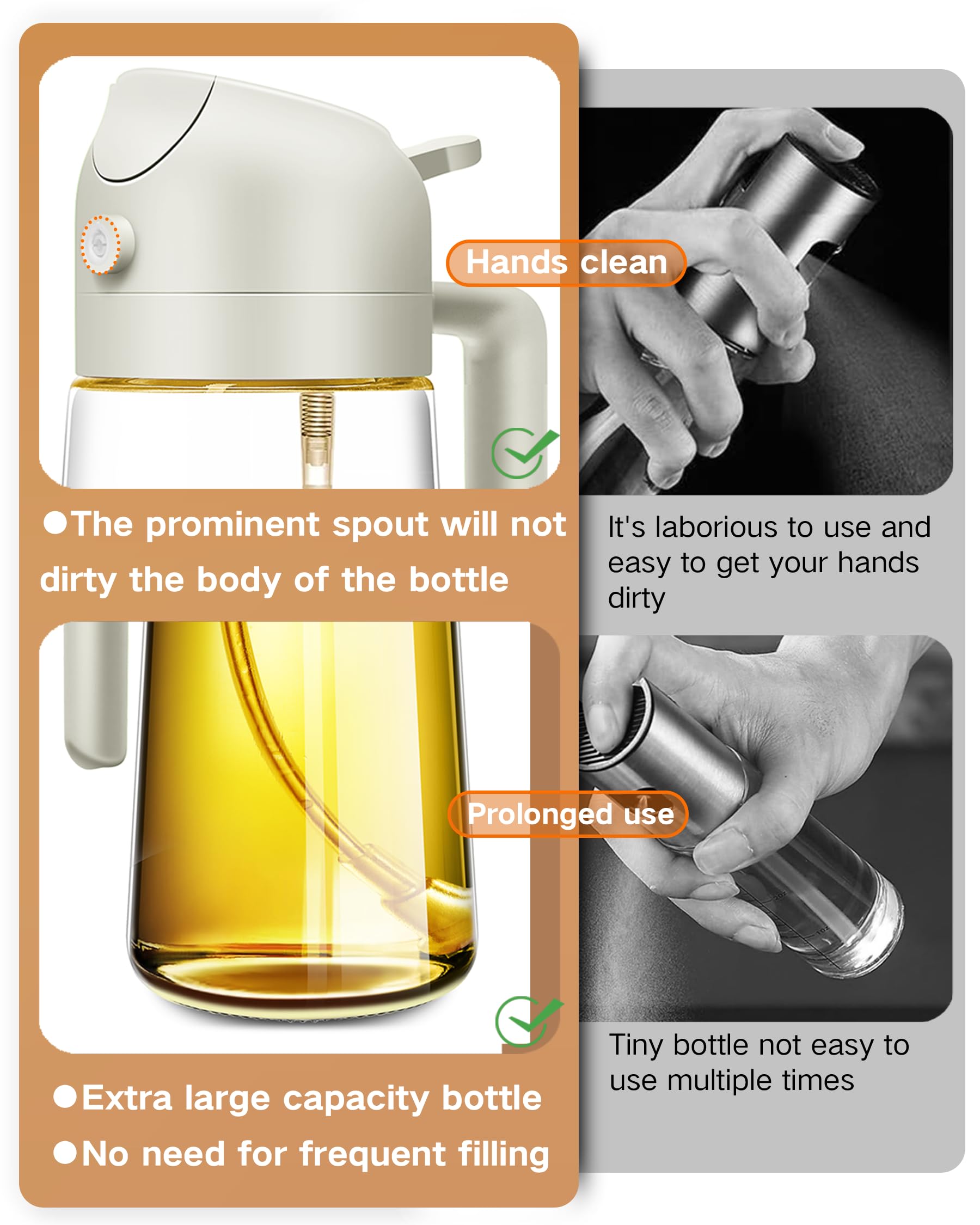 2 in 1 Glass Oil Dispenser & Sprayer - 17oz/500ml Olive Oil Bottle with Sprayer for Cooking, Kitchen, Salad, BBQ, Air Fryer - Perfect for Healthy Cooking & Meal Prep (White)