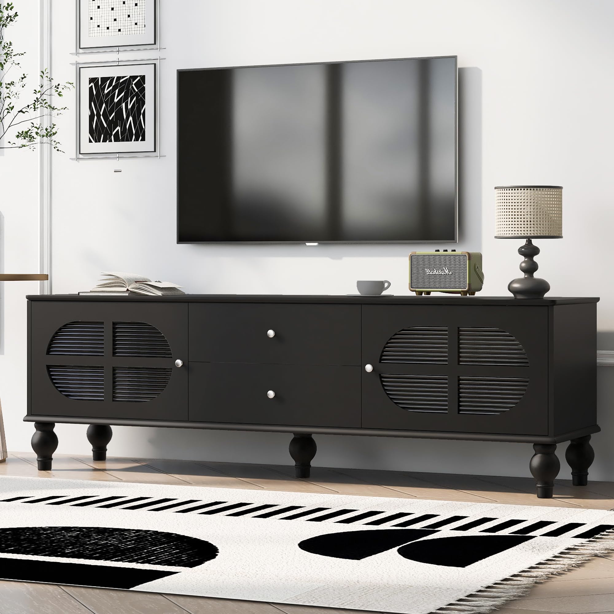 Modern TV Stand for 75 Inch TVs - Entertainment Center with 2 Drawers & 2 Fluted Glass Door Cabinets - 68.9