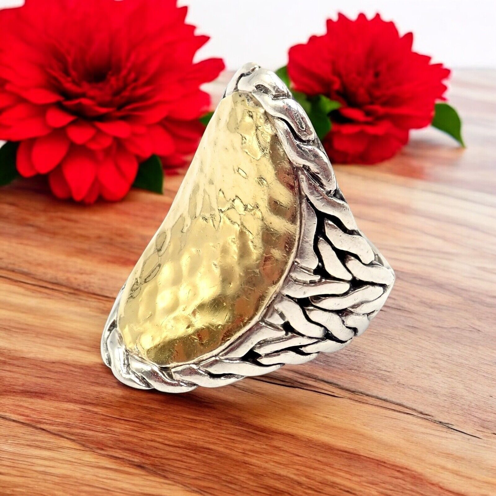 John Hardy JH Silver 22k Yellow Gold Classic Palu Saddle Cocktail Ring - Size 7 | Elegant Jewelry for Women, Perfect for Parties, Weddings & Special Occasions
