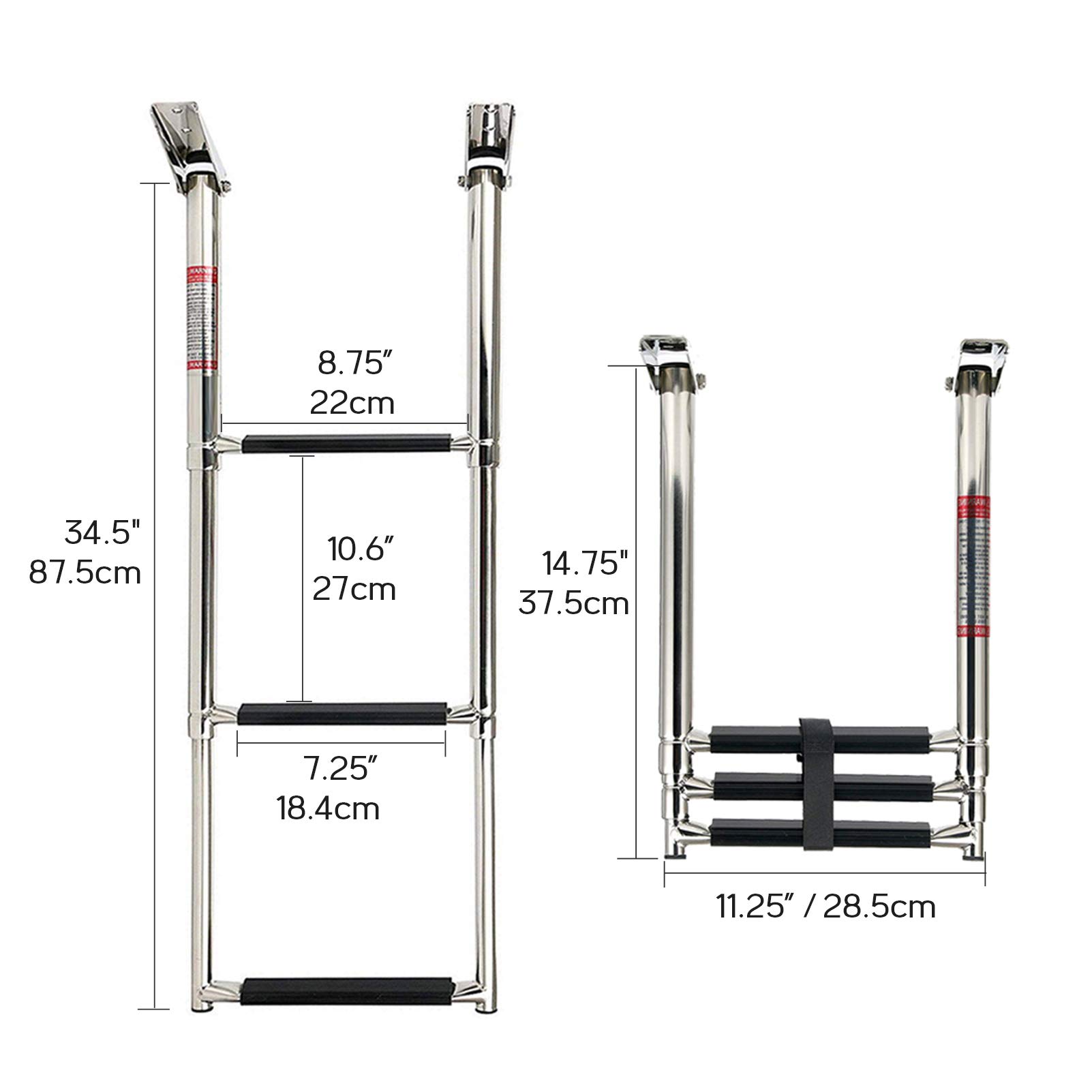 3 Step Boat Ladder - 304 Stainless Steel Folding Dive Ladder | Telescoping Dock Ladder for Marine Boat, Pontoon & Yacht | Perfect for Swimming, Diving & Water Sports