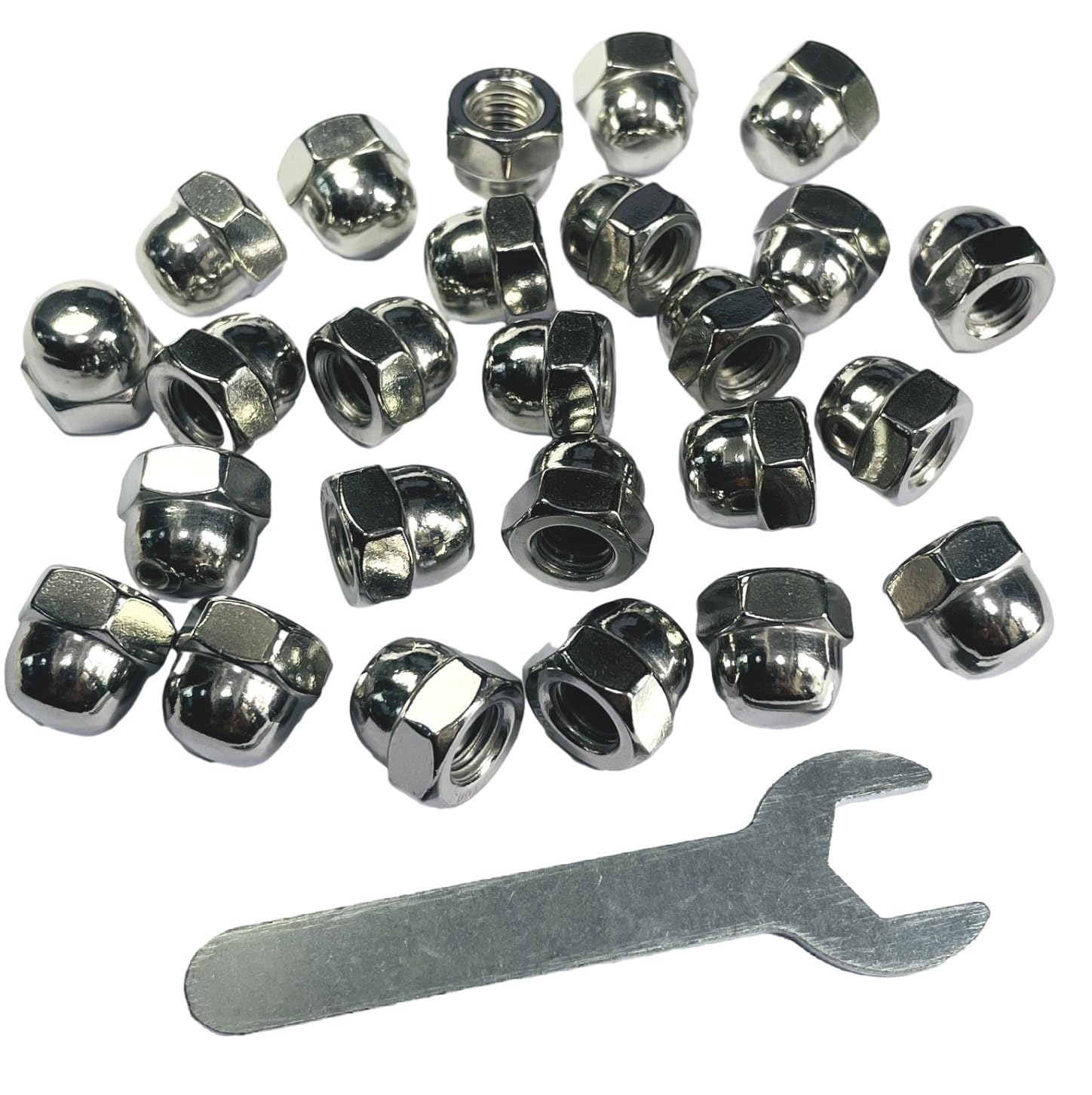 25pcs 3/8-16 Acorn Cap Nuts, 304 Stainless Steel Dome Head Hex Nuts with Bright Finish - Heavy Duty Hardware for Automotive, Machinery & DIY Projects - Includes Open End Wrench for Easy Installation