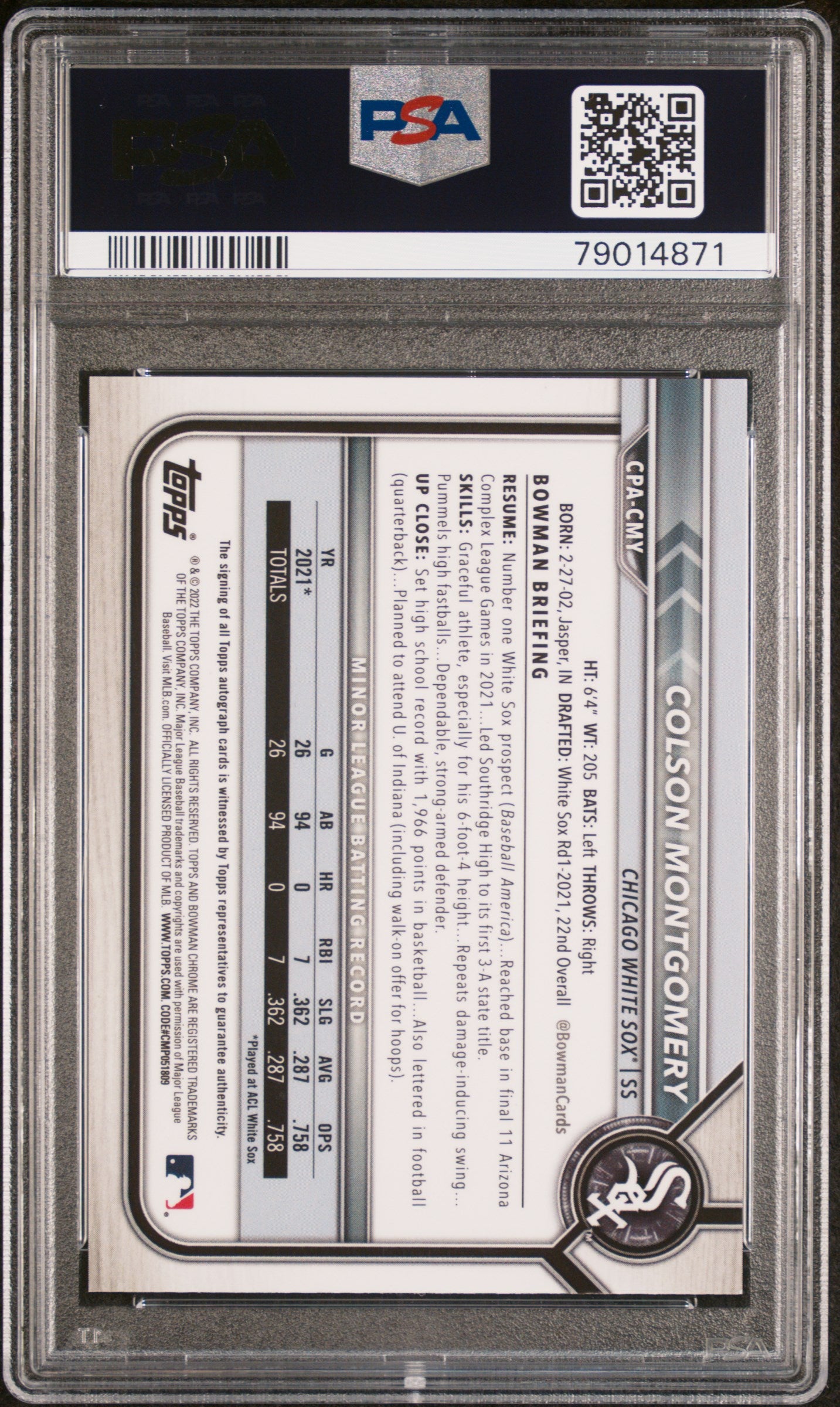2022 Bowman Chrome Colson Montgomery Auto Speckle Refractor #CPACMY PSA 9 - Baseball Trading Card for Collectors & Investors | Perfect for Grading, Display & Portfolio Diversification