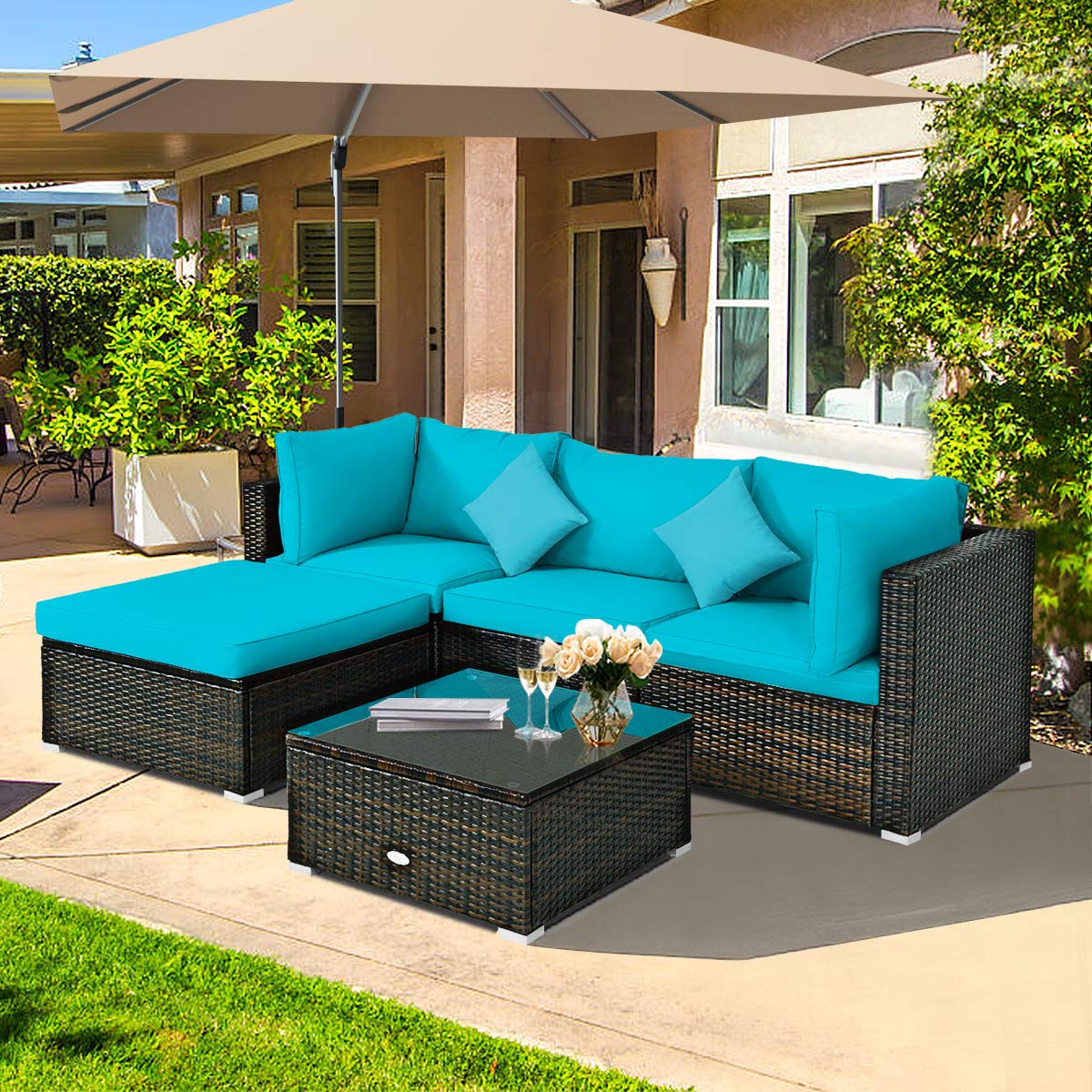 HappyGrill 5-Piece Patio Conversation Set - Outdoor Rattan Wicker Furniture with Sectional Sofa, Ottoman, Coffee Table & Cushions - Perfect for Garden, Lawn, Balcony, Backyard & Poolside Relaxation