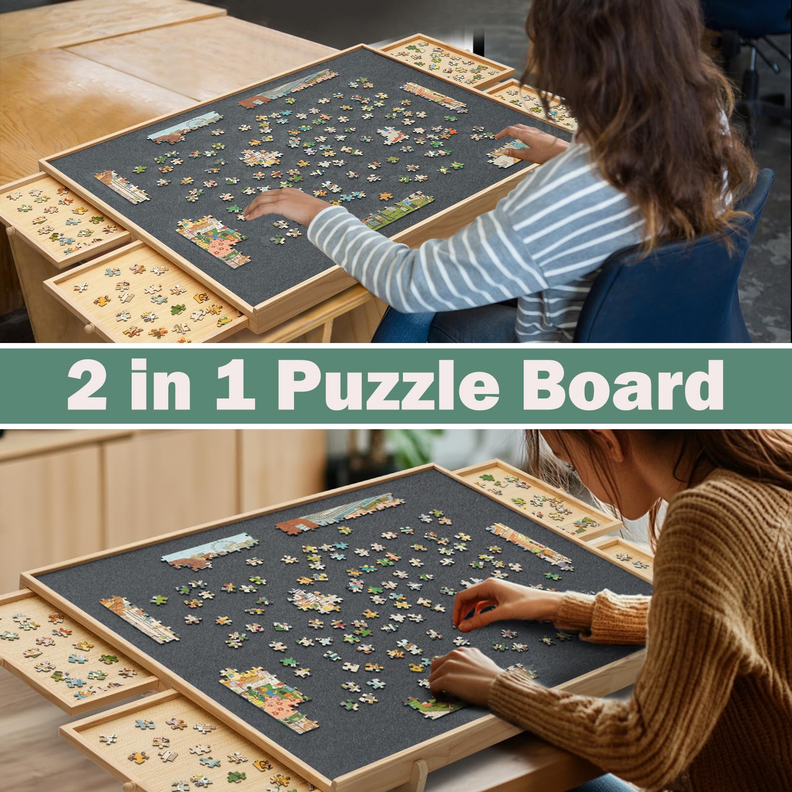 2000-Piece Felt Puzzle Board with 4 Drawers & Cover - 2-in-1 Adjustable Tilt Puzzle Table - 41