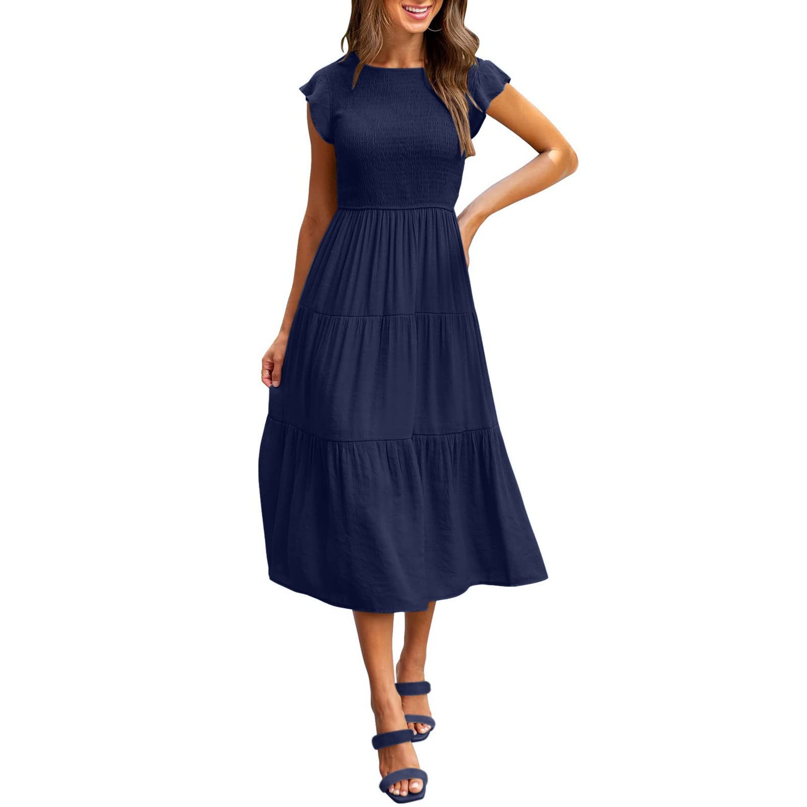 Women's Flutter Sleeve Smocked Waist Tiered Midi Dress - Summer Casual Crew Neck Elastic Waist Flowy Dress for Brunch, Beach & Date Night