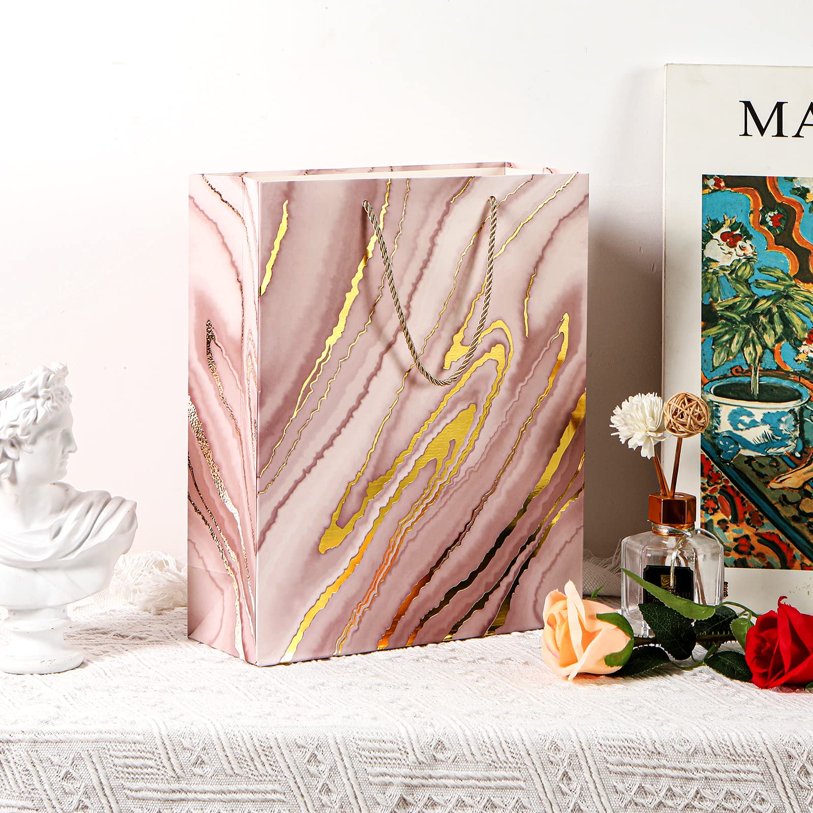 8 Pack Pink Marble Gift Bags 12.6x10.2x3.9 Inch Medium Size Party Favor Bags for Christmas, Valentine's Day, Baby Shower, Birthday, Wedding, Mother's Day - Perfect for Gift Wrapping, Party Decorations & Special Occasions