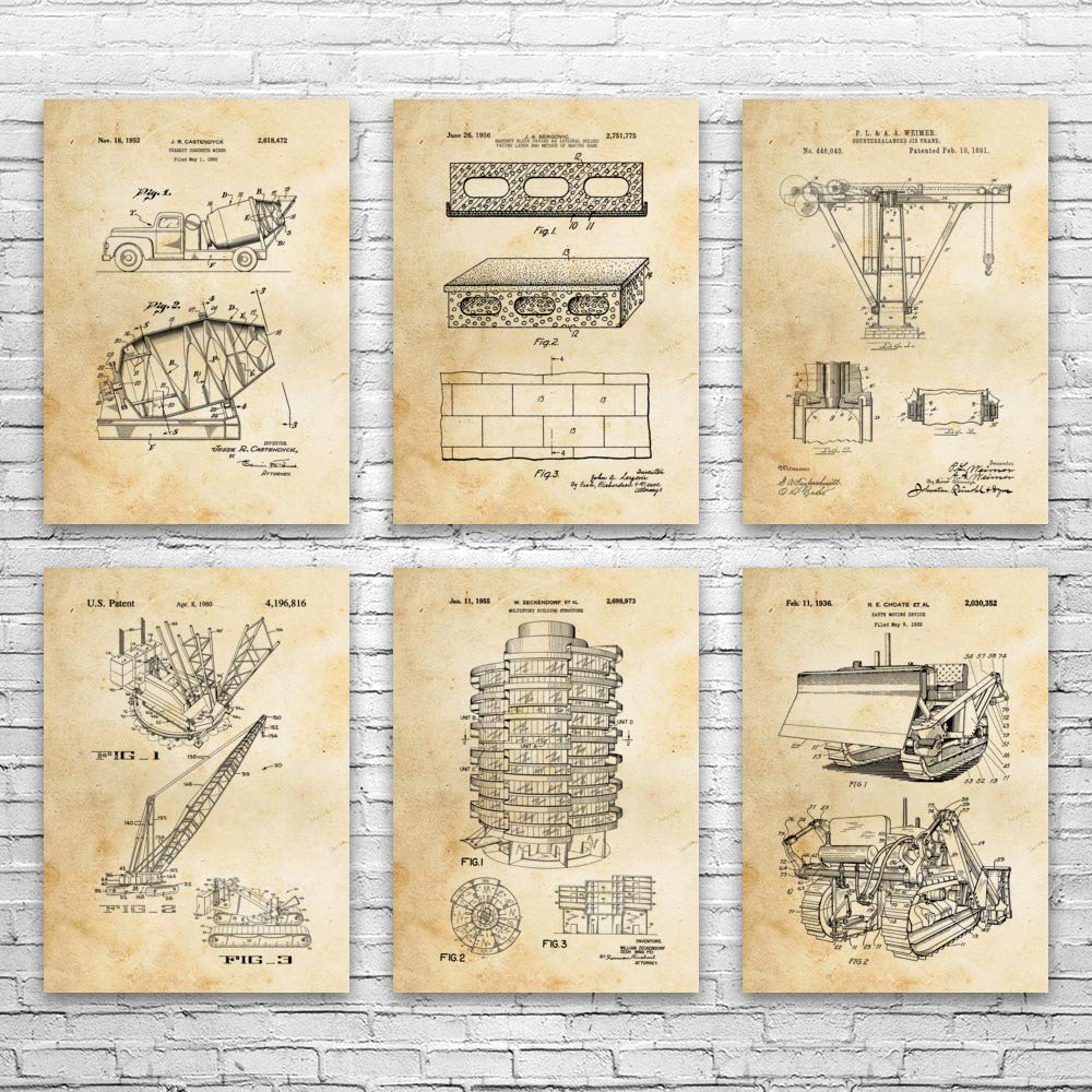 Vintage Construction Posters Set of 6 - 16x20 Inch Blueprint Wall Art for Builders, Contractors & DIY Enthusiasts | Perfect Workshop Decor, Office Gift & Home Improvement Inspiration