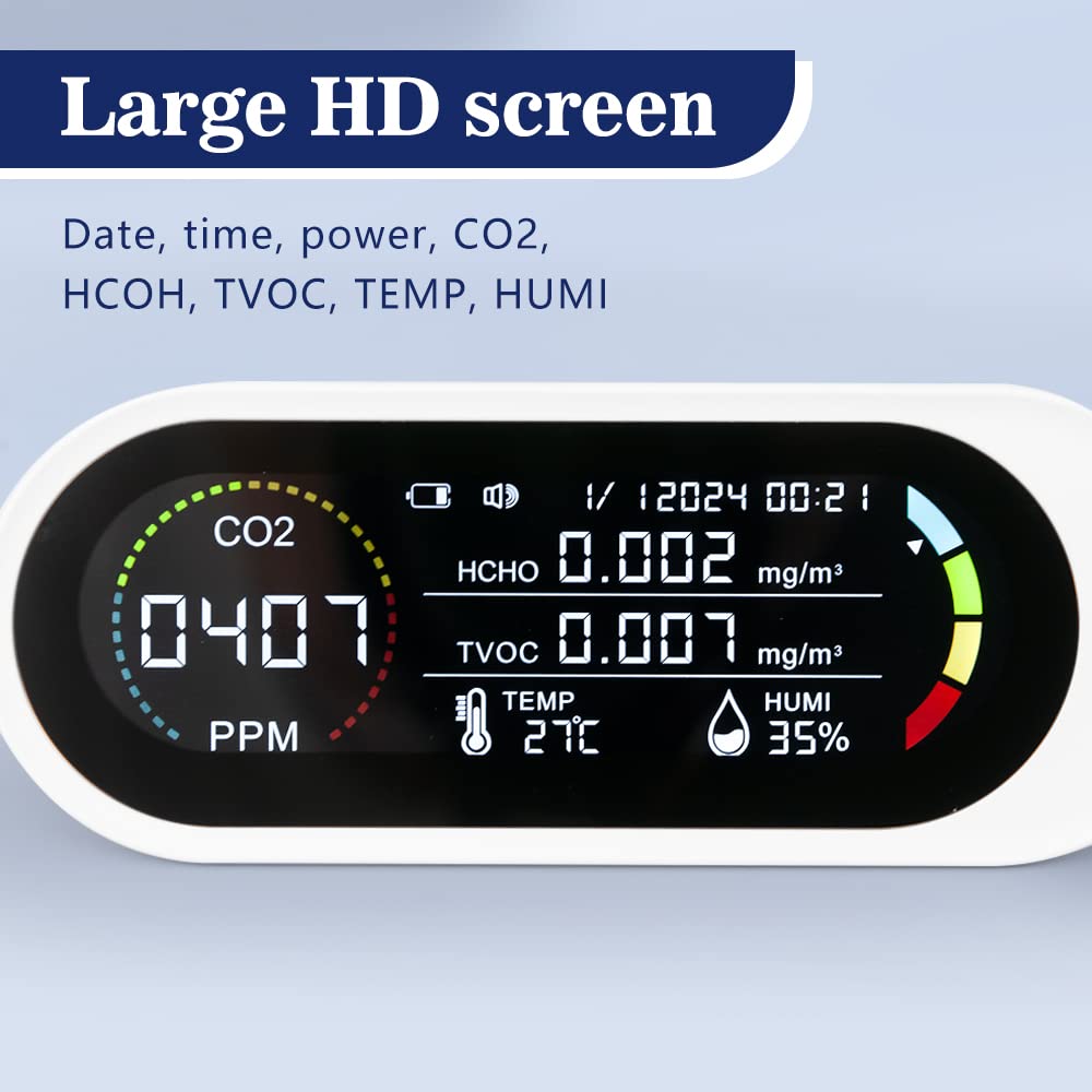 **Air Quality Monitor Indoor - Portable CO2, Formaldehyde, Temperature & Humidity Detector with Alarm for Home, Office, School - Real-Time Testing, Battery Powered - Ideal for Baby Rooms, Basements & Workspaces**